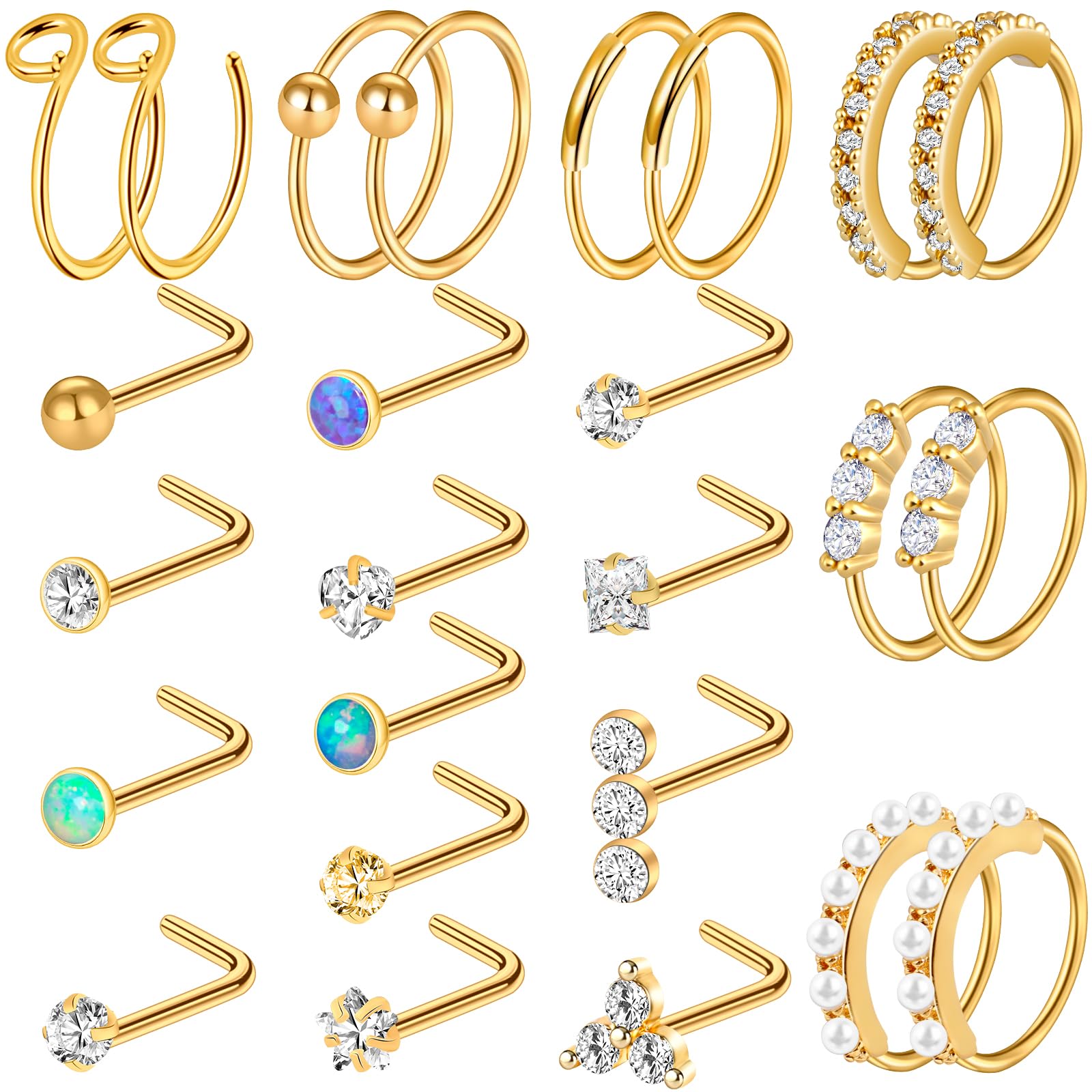 ONESING 23-40 Pcs Gold Nose Rings for Women 18G 20G Nose Piercing Jewelry L Shape Nose Studs Nose Rings Hoop Nose Jewelry Gold Stainless Steel Studs Screw Body Piercing Jewelry for Women Men