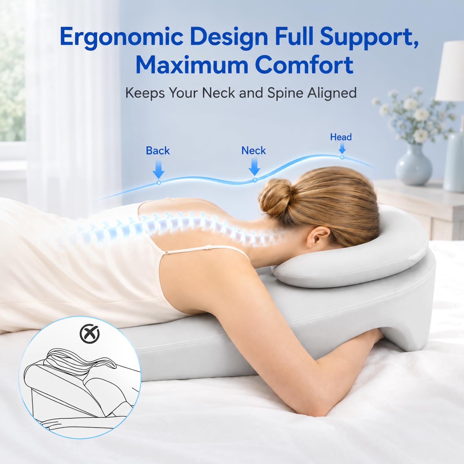 Gesichtskissen 2-in-1 mit Armloch, herausnehmbares Bauchschläferkissen aus Memory Schaum, ergonomisches Massagekissen mit Gesichtsöffnung zum Liegen, Lesen & Entspannen – waschbarer Bezug