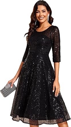 Ever-Pretty Womens Sequin Cocktail Party Dresses Midi Semi Formal Holiday Wedding Guest Dress with Sleeves 2241