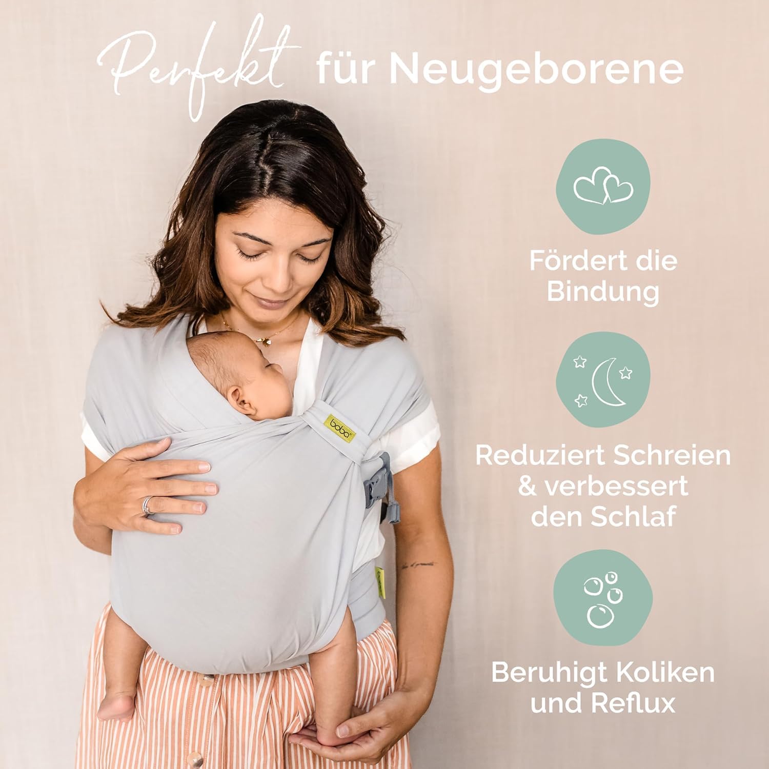 Boba Bliss Babytrage Neugeborene ab Geburt bis 16 kg - 2-in-1 Baby Carrier & Baby Tragetuch Ohne Binden & Knoten, Hüftfreundliche Babytrage ab Geburt, Weiche & elastische Baby Trage (Grau)
