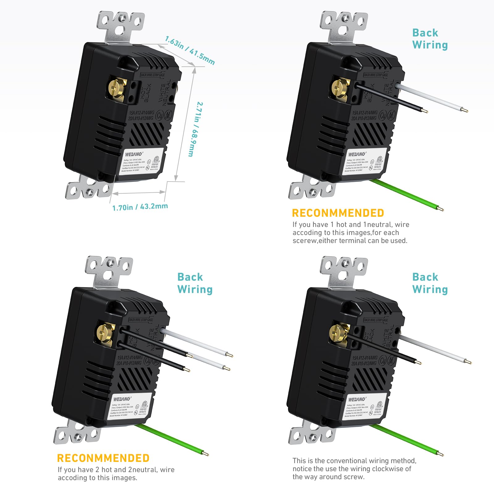 WEBANG Toma USB C, 25 W, 5.0 amperios, 2 puertos, toma de pared resistente a manipulaciones de 15 A con puertos USB C, placa de pared sin tornillos incluida, certificación ETL, negro mate, paquete de