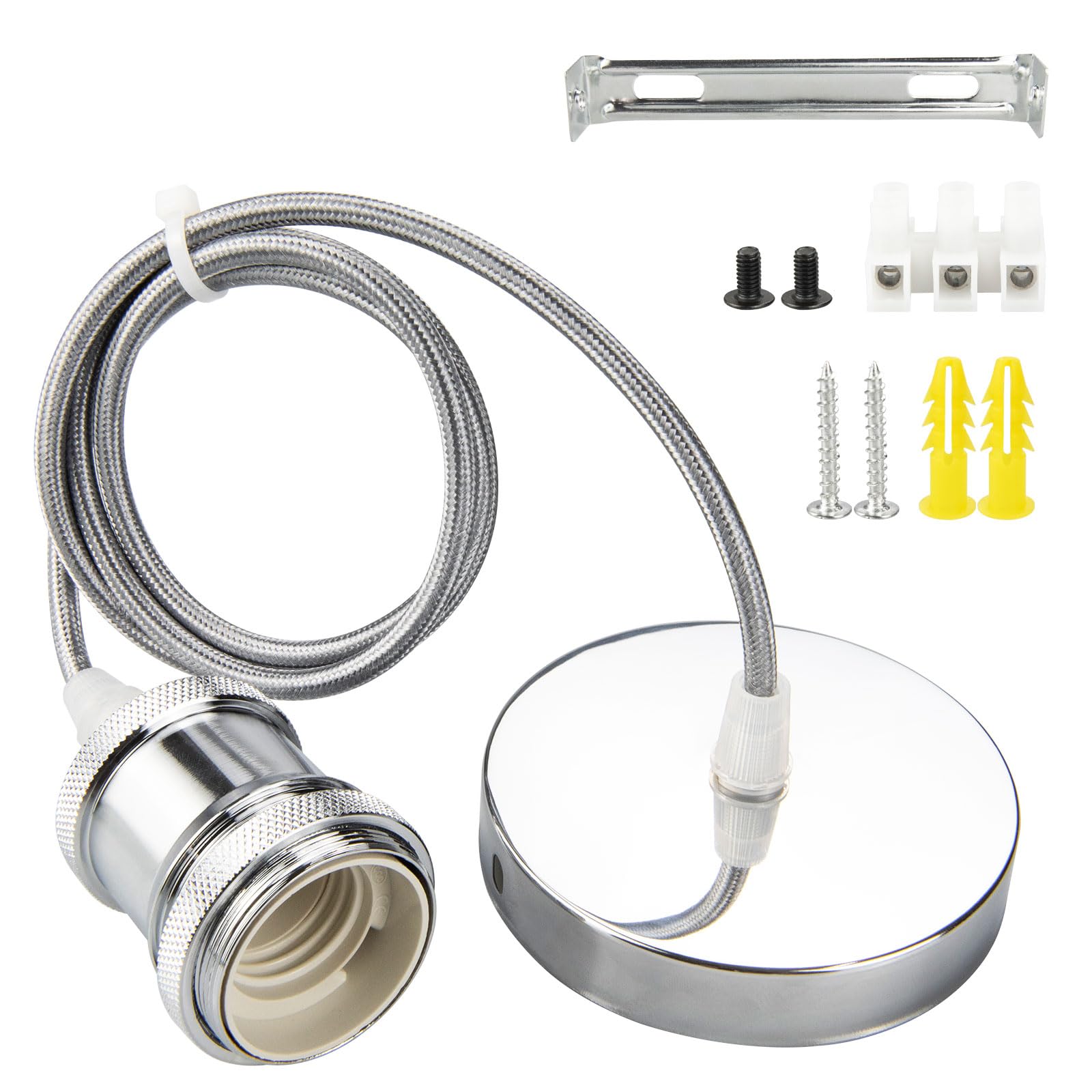 Urcianow Silberne Deckenpendelleuchte mit E27-Fassung und 1M Verstellbarem Silbernem Twist-Kabel passend für Deckenrosetten (Durchmesser: 10cm) Ideal für Deckenbeleuchtung, Bar, Cafe