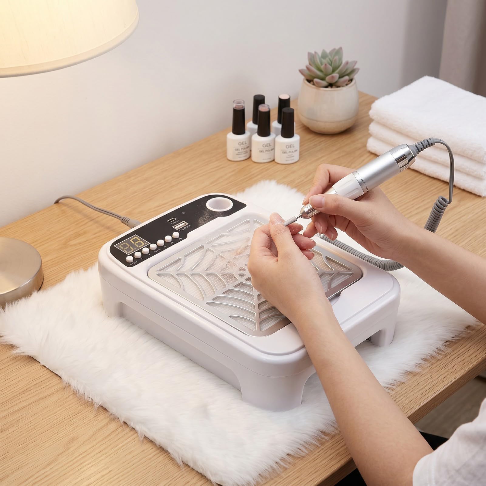 Pongnas Aspirador de Polvo para Uñas 3 en 1 con Lámpara de Taladro, Taladro de 35000 RPM 8 Velocidades Ajustables Pantalla LED para Manicura en Casa