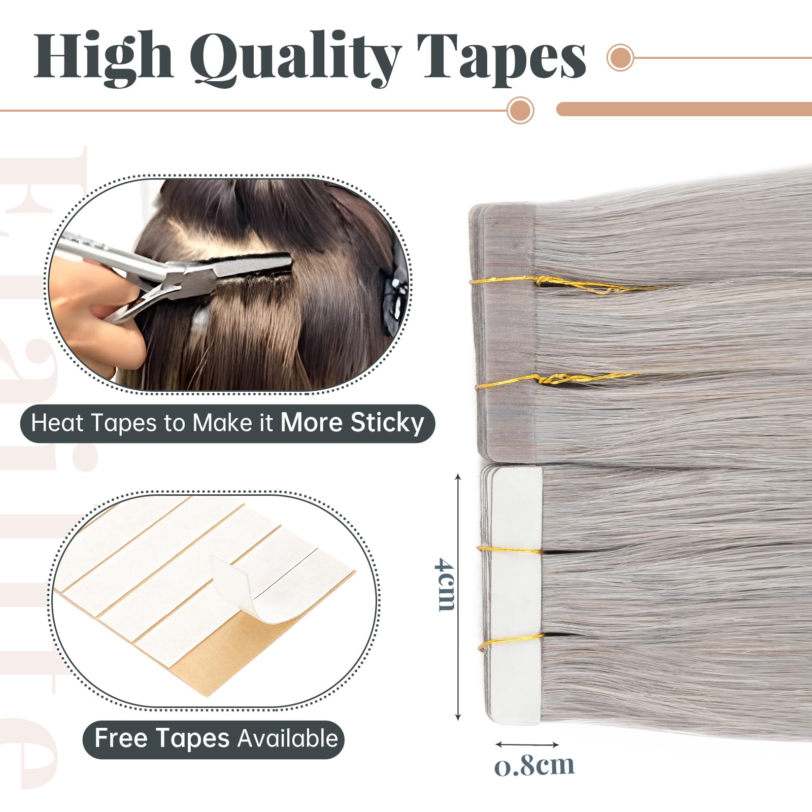 Elailite Extensiones Adhesivas Pelo Natural Gris 30g, 100% Cabello Humano sin Clip 20 Mechas Tape ins 35cm # Gris Claro