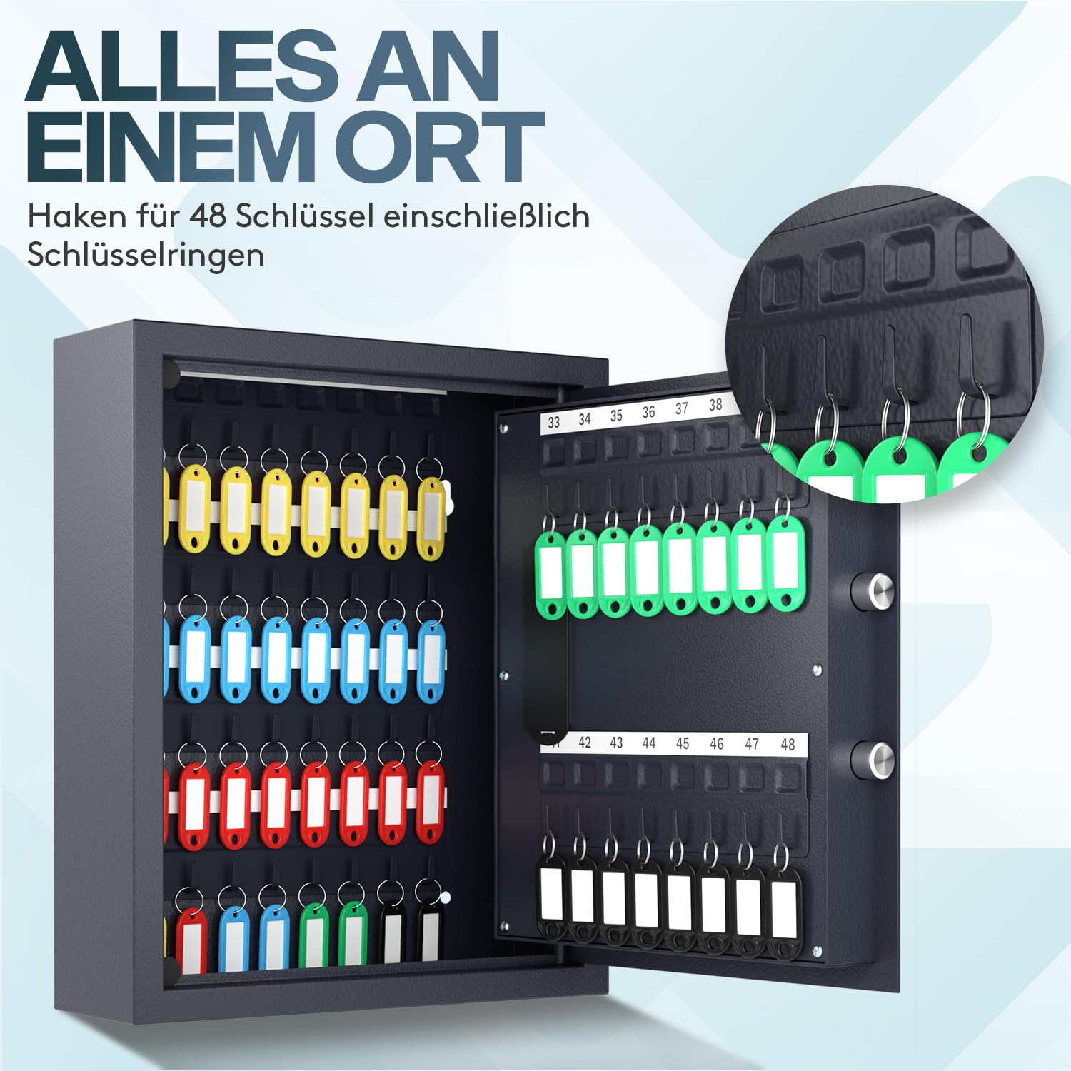 ACROPAQ Schlüsselschrank mit Zahlencode - Für bis zu 48 Schlüssel, Inkl. 48 Anhänger, Mit elektronischer Sicherung, Schwarz - Schlüsselkasten groß, Schlüsselsafe mit Code, Schlüsseltresor