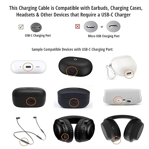 Miniatura 3 de Cable de carga USB C tipo C de 3 pies de largo para auriculares Bose Sport, Samsung Galaxy Buds Live, MPow M12, ENACFIRE E60, TOZO NC9, Boltune V5.2