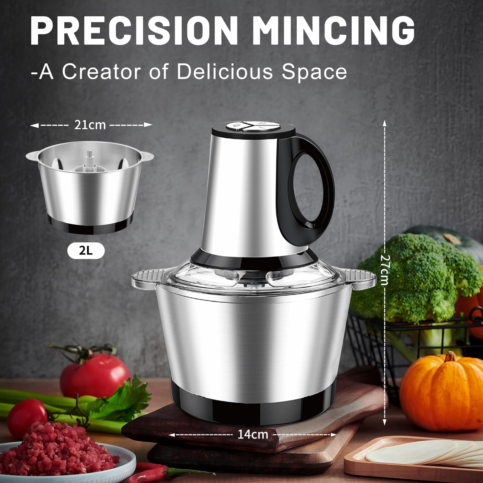 Picadora eléctrica de 600 W, cuenco de acero inoxidable de 2 litros, 3 velocidades, procesador de alimentos para carne, verduras, ajo, nueces