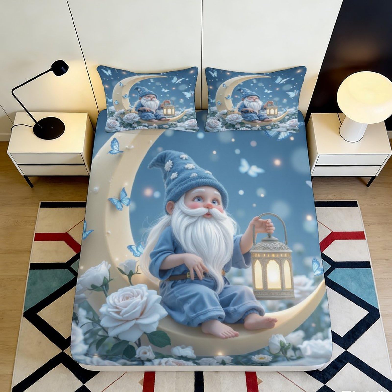 3D Printed Moon and Gnome Fitted Sheet Microfiber Soft Blue Butterfly Bed Cover for Bedroom Decor Mattress Protection 140x200x25cm