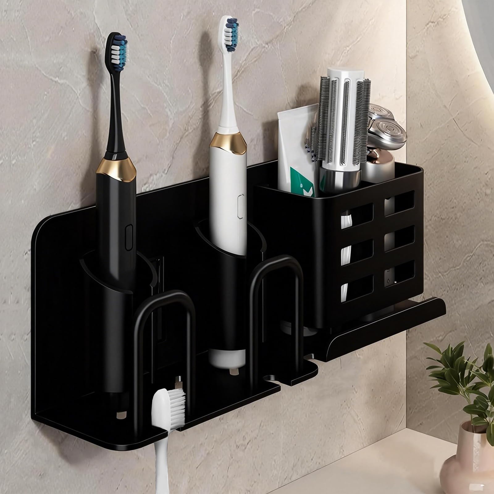 Prochosen Black Aluminum Toothbrush Holder Wall Mounted Electric Toothbrush Holder For Bathroom Storage Hanging Bracket Shower Razor Holder Self Adhesive Toothbrush Storage Rack