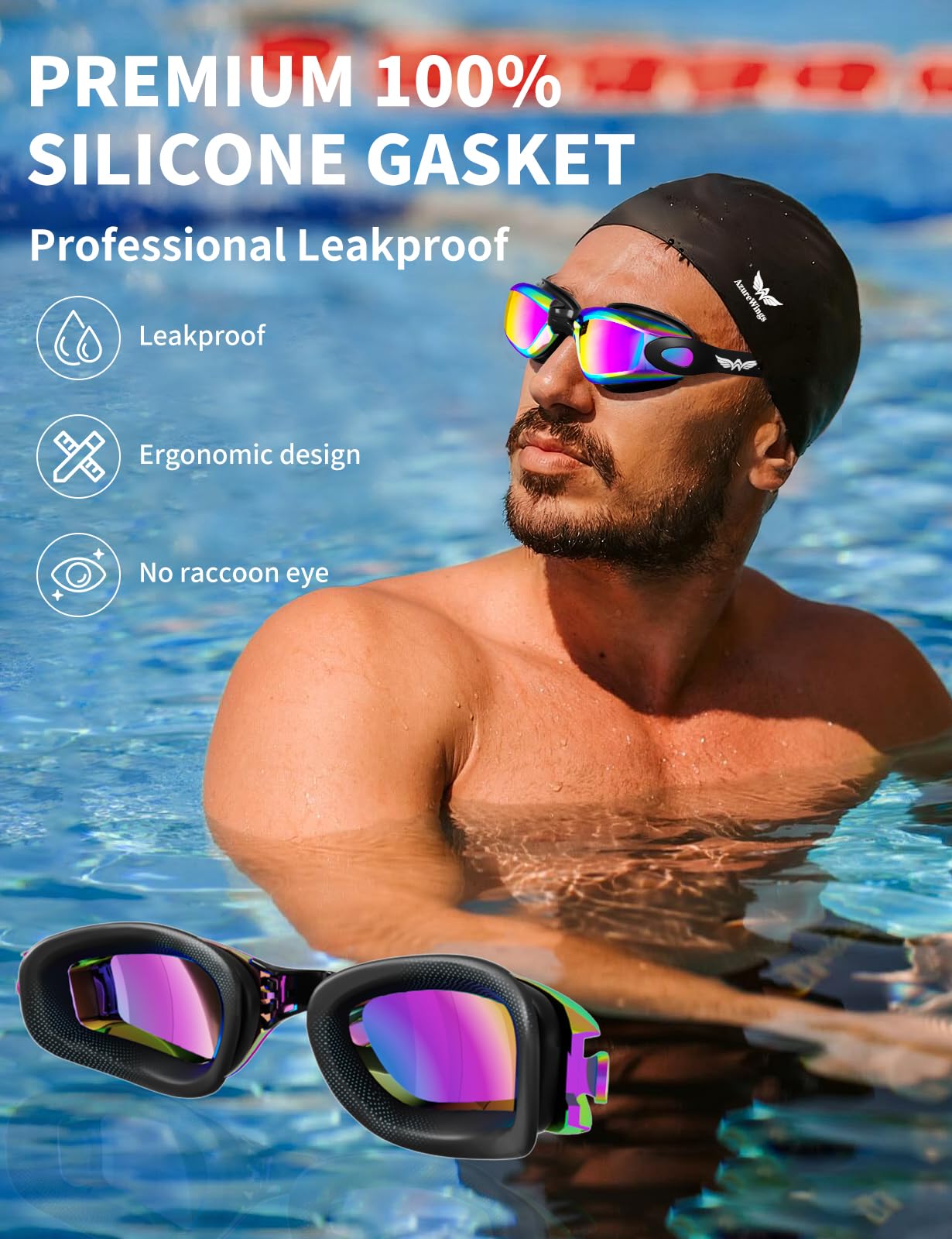 Schwimmbrille, kein Auslaufen, Anti-Beschlag- und UV-Schutz, für Erwachsene, Herren, Damen, breite Visio, HD, verspiegelt, PC-Gläser, verspiegelt, Wasserpool