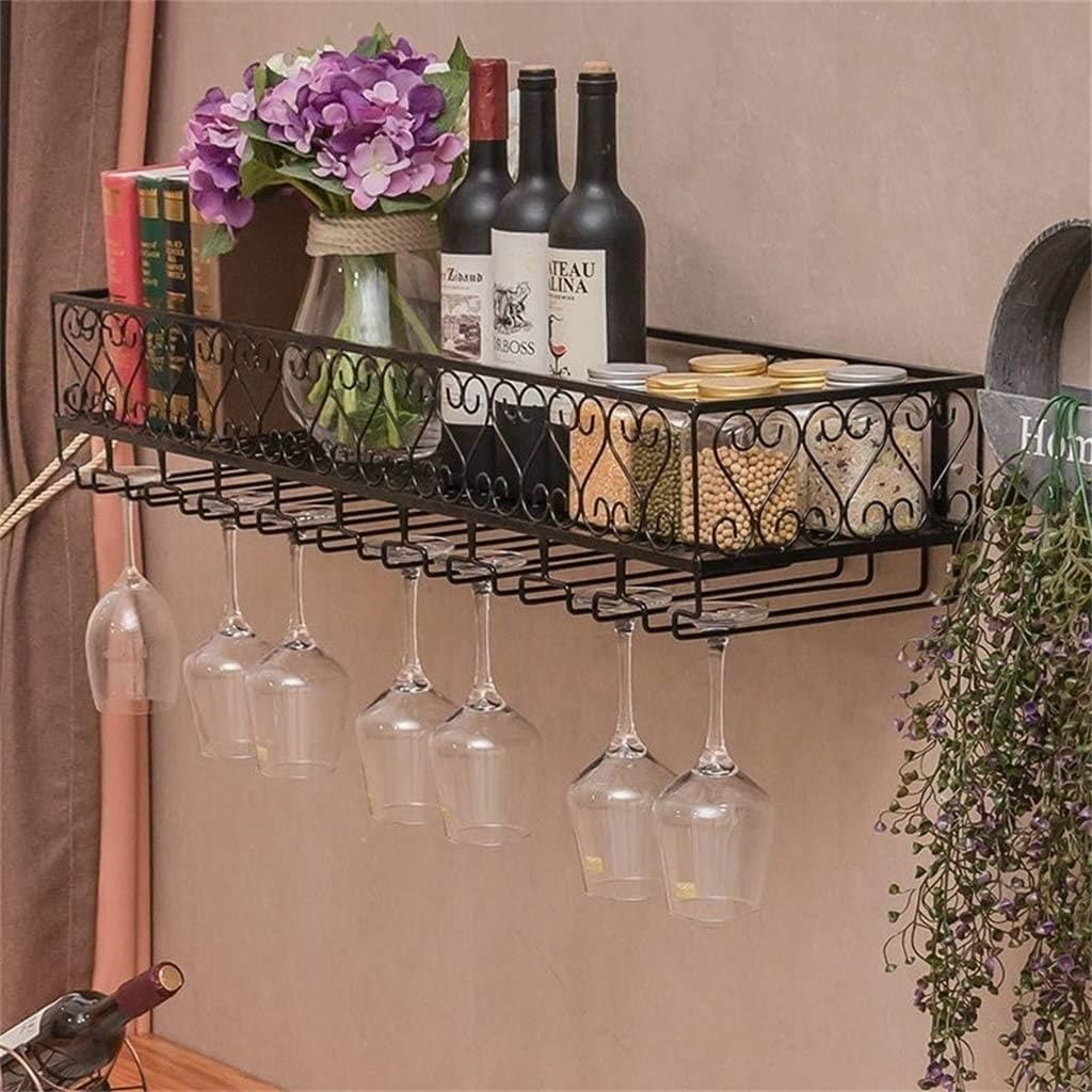 Wall-Mounted Wine Rack with Glass Holder - Metal Iron Hanging Wine Bottle Storage, Stemware Goblet Display Shelf, Stylish Wall Decoration (24x10 Inch)