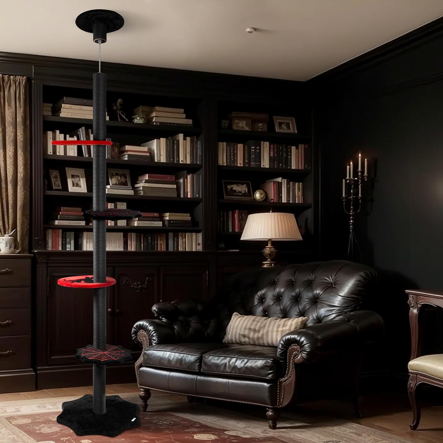 review KAMABOKO Gothic Cat Tree, Floor to Ceiling Cat Tower Ajustable Height [96.8-108.3 Inches], 5 Tiers Black Cat Tower with Scratching Posts for Indoor Large Cats
