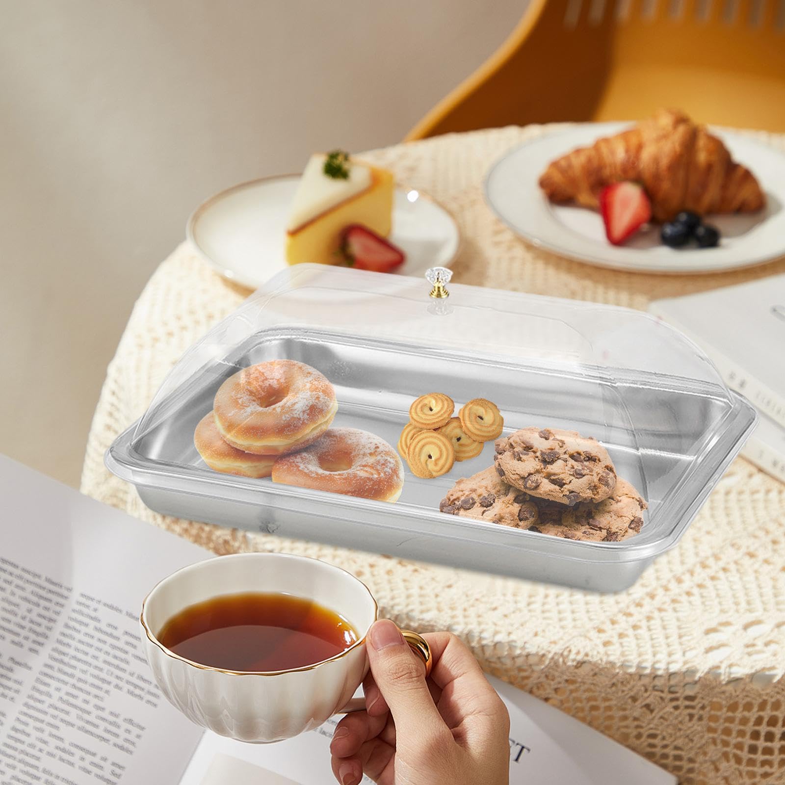 Baoblaze Vassoio da portata in acciaio inossidabile con coperchio a cupola, vassoio da portata rettangolare antipolvere per alimenti, per sala da pranzo, 40x30x5 Cm