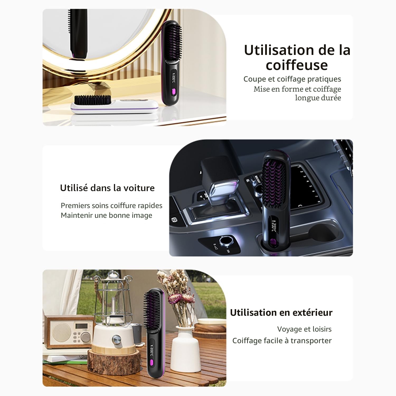 Go Brush Pro Mini brosse à lisser portable sans fil pour femme avec affichage de la température LCD, 2000 mAh, chauffage rapide et fer à lisser en céramique sans fil (BK)
