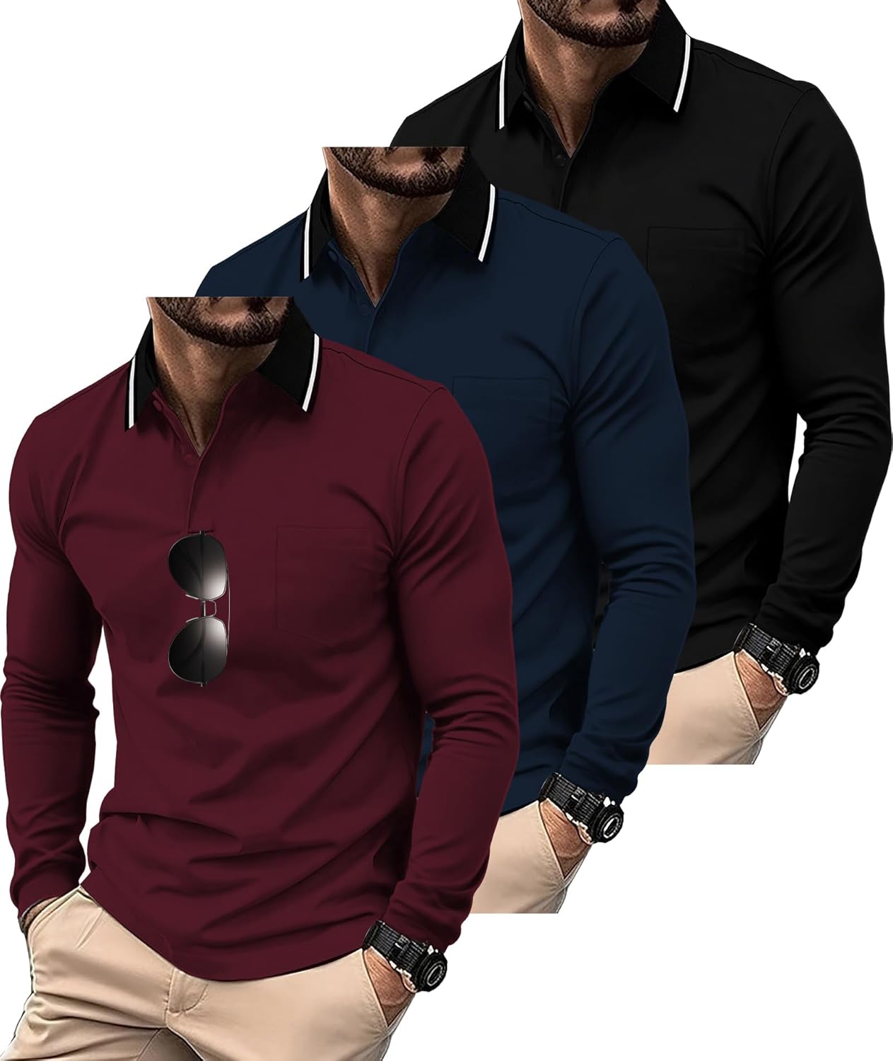 ZITY 3 Pack Men Polo Shirts Long Sleeve with Pocket Golf Shirts Shirts for Men Casual Work Athletic Collared T-Shirts