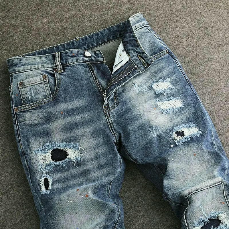 Street Mens Jeans Retro Washed Blue Stretch Slim Fit Patch Designer Ripped Jeans Men Vintage Denim Pencil Pants3