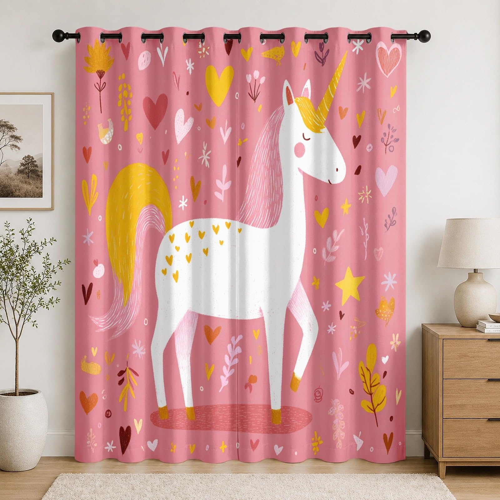 Lot De 2 Rideau À Oeillets Occultant 140L X 245H cm Romantique Dessin Animé Licorne Rideaux Salon Moderne Chambre Anti Bruit Anti Froid Rose Draperies d’intimité Doux Décoration Fenêtre