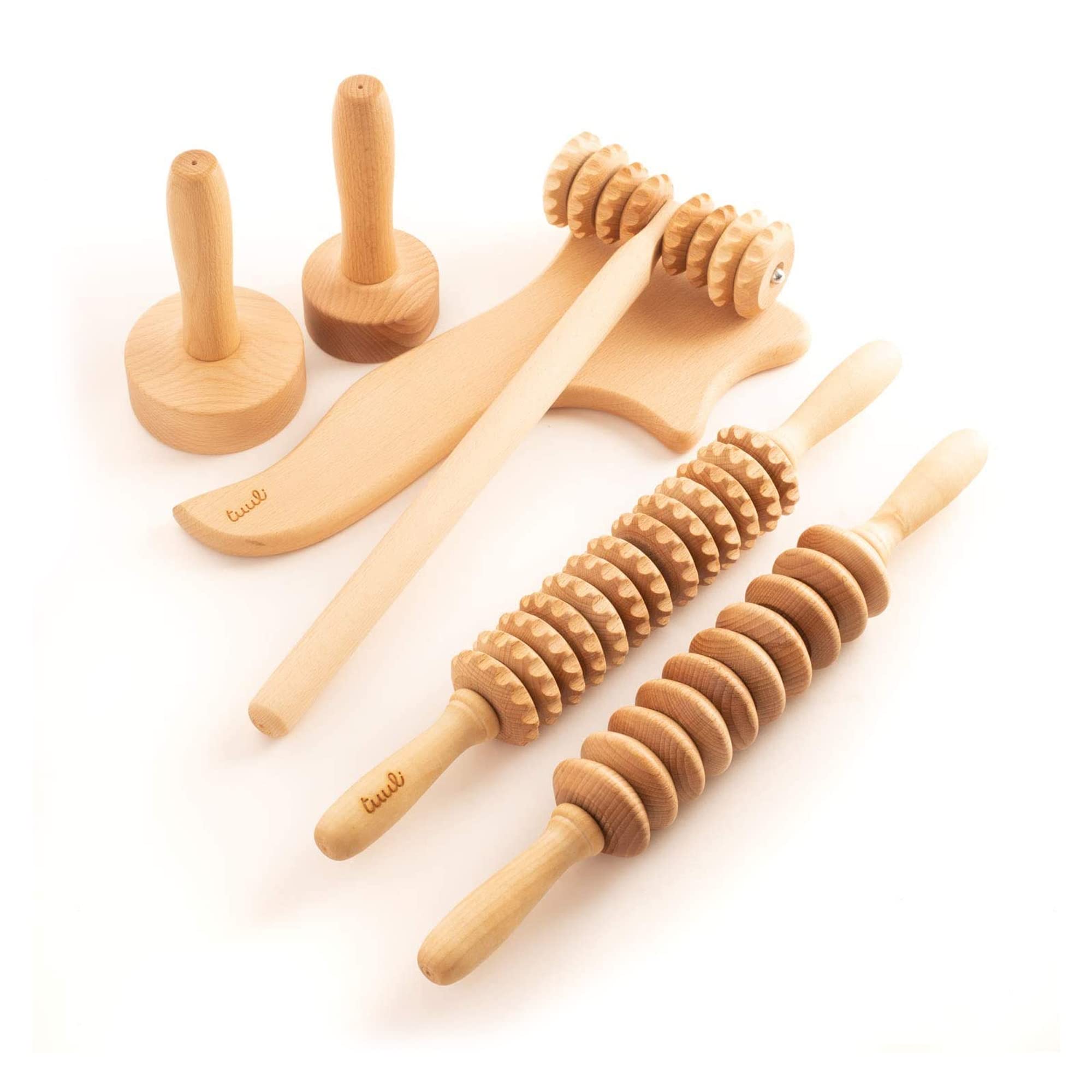 Tuuli Accessories Maderoterapia Set Massaggio Anticellulite Massaggiatore Drenaggio Linfatico Rullo Coppa Svedese Legno