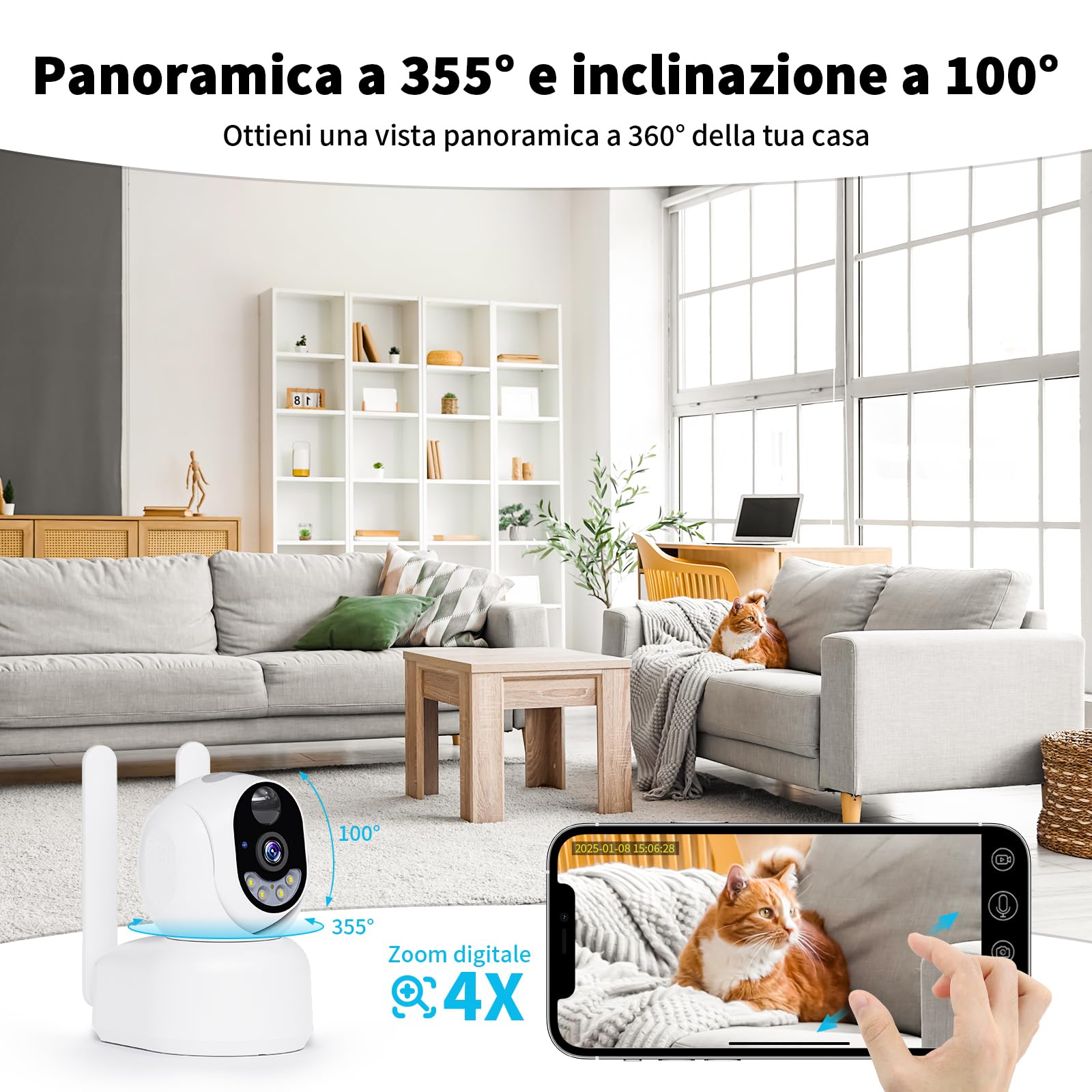 4G LTE Telecamera Interno con SIM, 2K Videocamera Sorveglianza Senza Fili Indoor, 360° PTZ Telecamera Senza WiFi con Visione Notturna a Colori, PIR Rilevamento, Audio 2 Vie, IP66