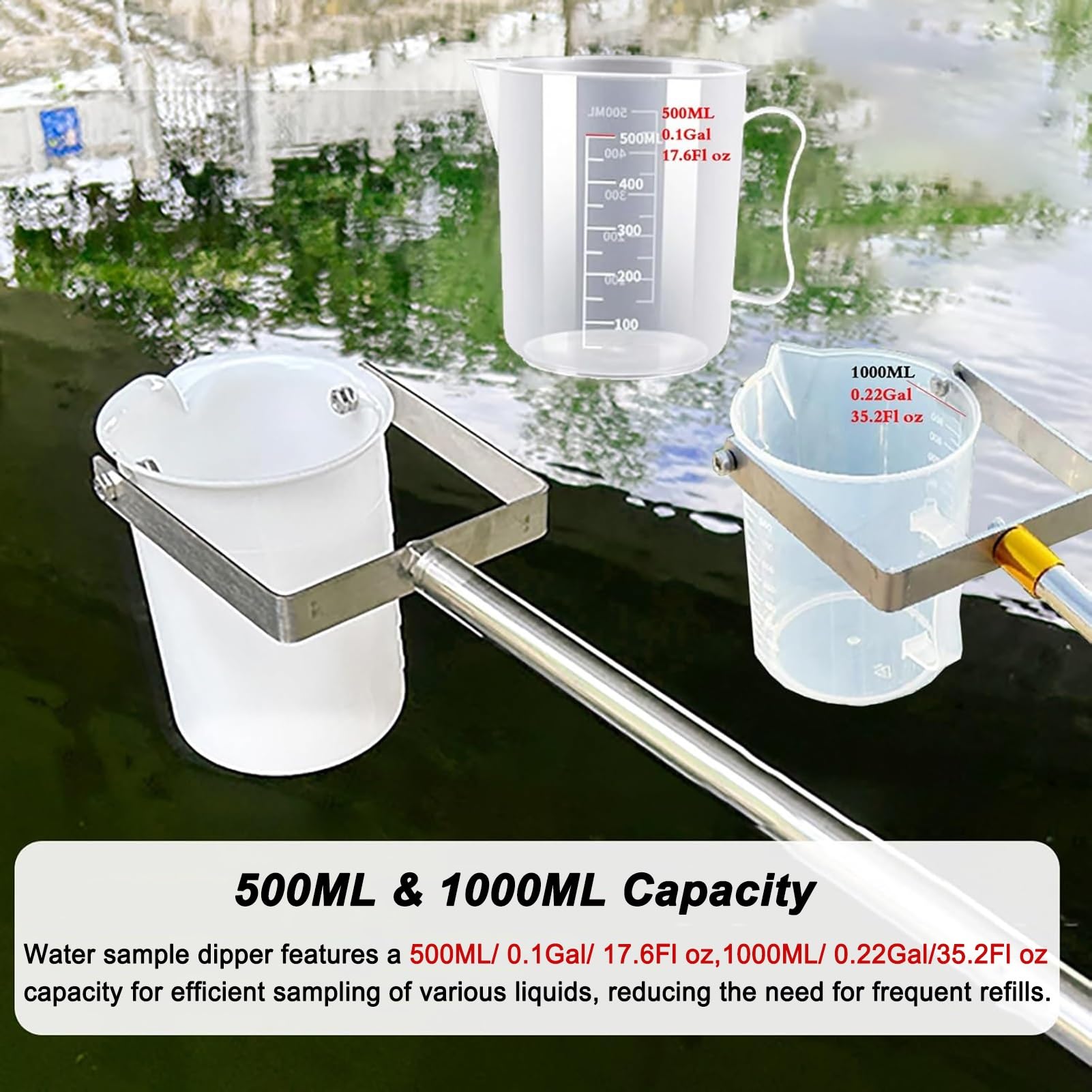 Cuchara de toma de muestras de boca de 500 ml/1000 ml para pruebas de calidad del agua, colección de aguas residuales y tuberías, calificador de agua duradero con rango de profundidad de 1,43 a 6 m