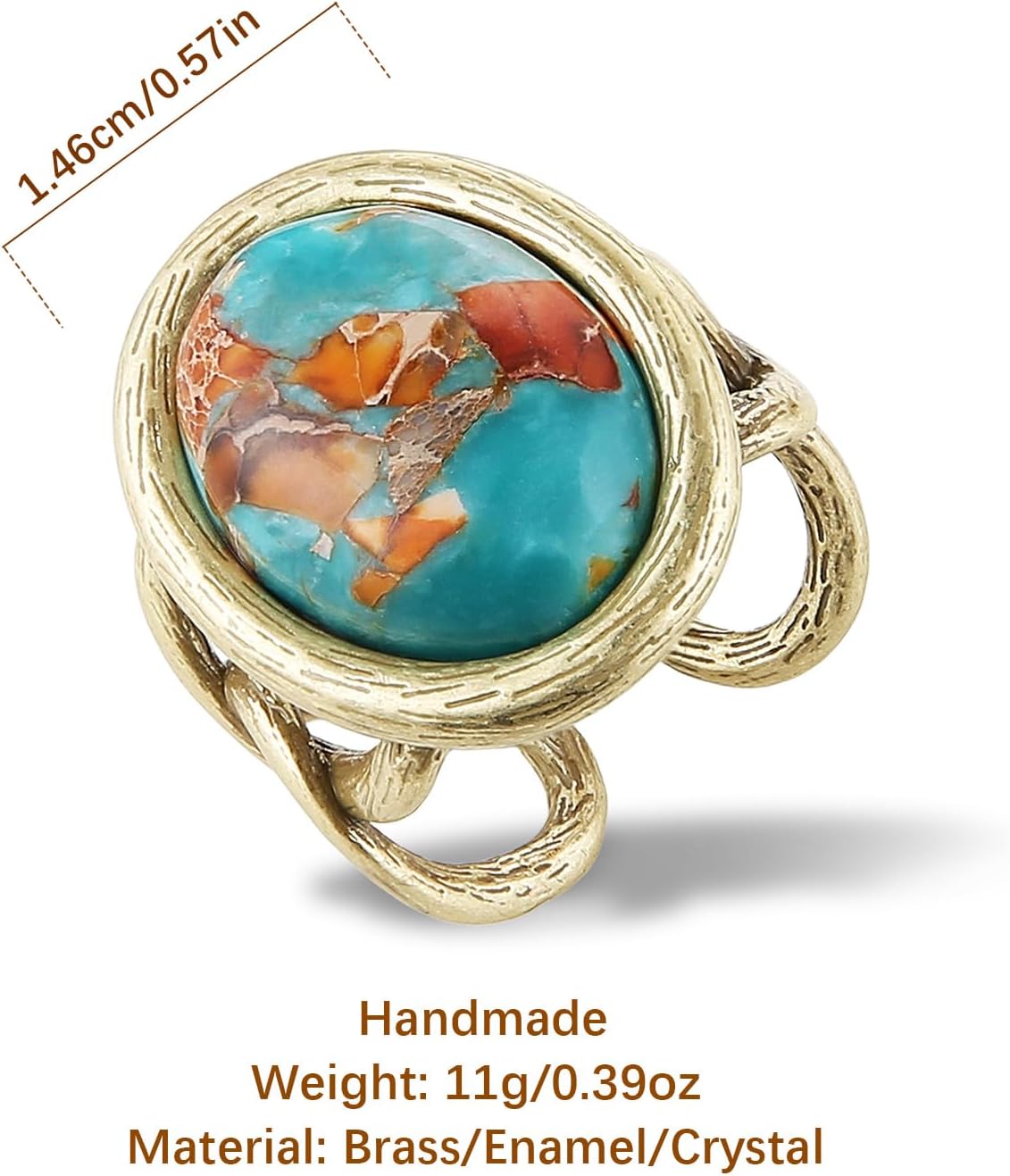 HZMAN Natural Turquoise Open Ring, Vintage Palace Style Adjustable Antique Brass Chunky Statement Ring, Handmade Jewelry for Women