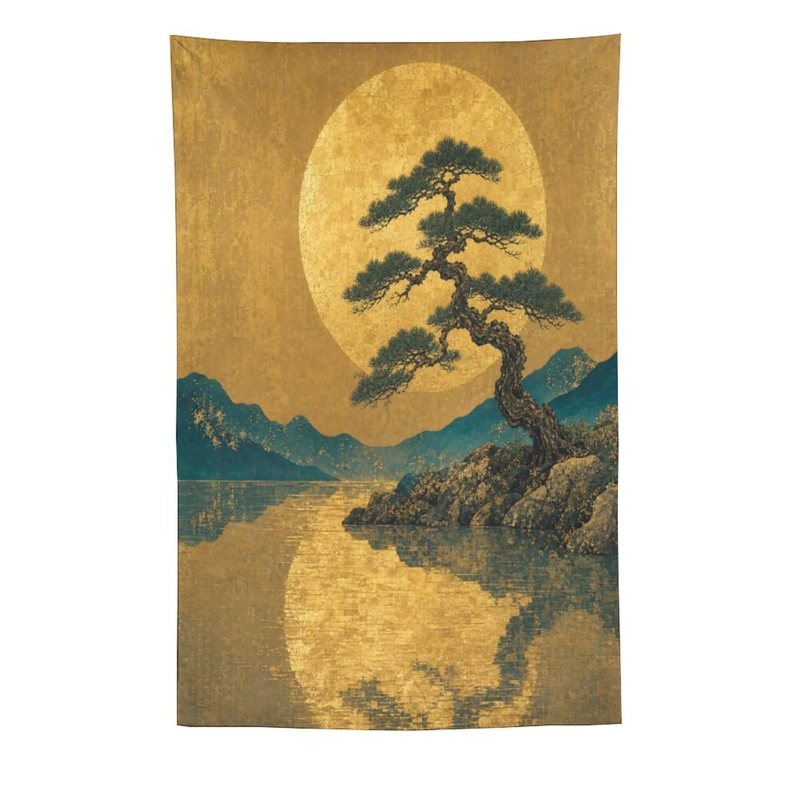 W7C8U2X3 Golden Moon Pine Landscape Wall Tapestry, Ukiyo-e, Sofa Area