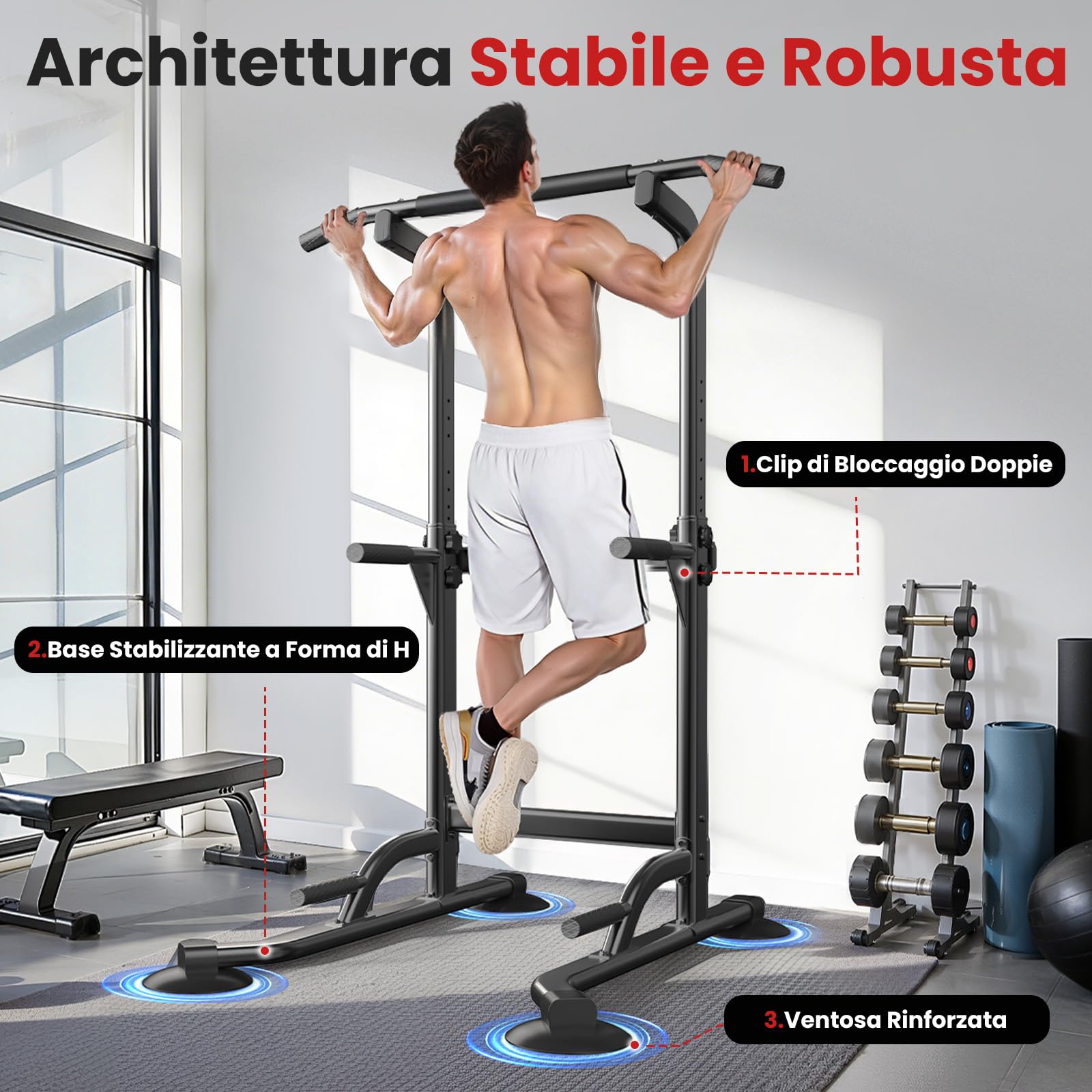 Dskeuzeew Power Tower Dip Station - Palestra multifunzione da casa con barra per trazioni e sedia romana, regolabile in altezza
