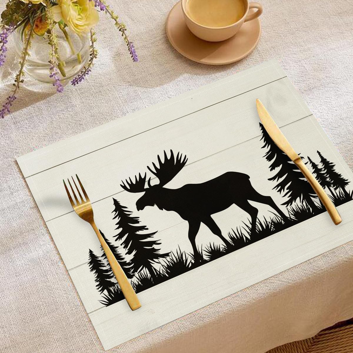 Set di 8 Colazione Stoffa 30x45cm, Retro Venature Del Legno Cotone e lino Tovagliette Americane Lavabili, Tovagliette Alce per Primavera Vacanze Cucina Feste, Pasqua