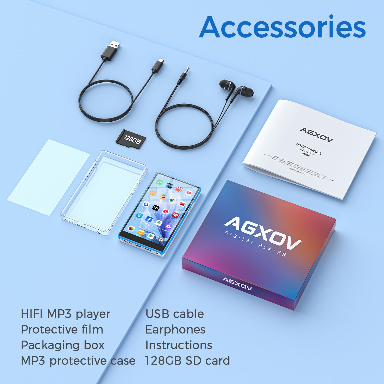 MP3 Player Spotify mit Bluetooth & WLAN, 5 Zoll Touchscreen MP4 Musik Player mit Integriertem Spotify, Deezer, FM-Radio, Sprachrecorder, Blau und Weiß