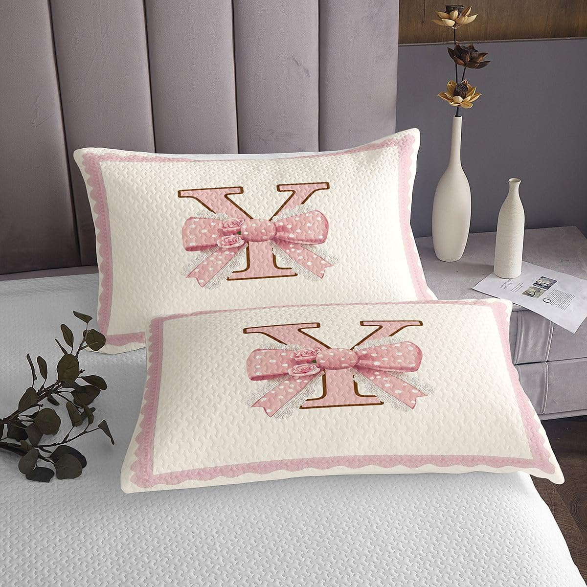 jejeloiu Pink Floral Bow Bedspread King Size Initial Letter Y Coverlet Set Romantic Princess Bowknot Quilted Coverlet for All Season with 2 Pillowcases Lightweight