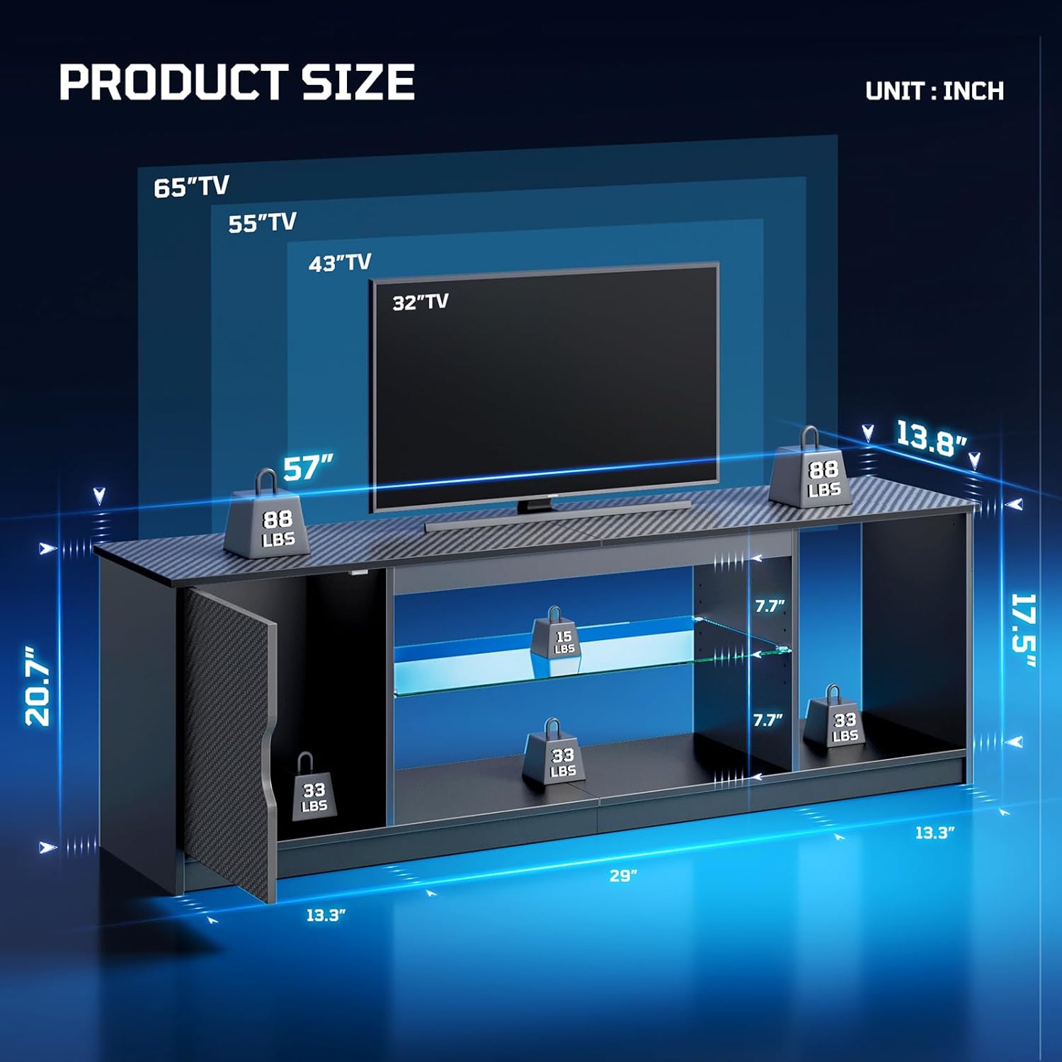 Bestier 57" LED TV Stand for 55/60/65 Inch TVs - Gaming Entertainment Center with RGB Lights, Adjustable Glass Shelves & Cabinet for PS5/Xbox, Modern Black TV Console for Living Room - Image 2