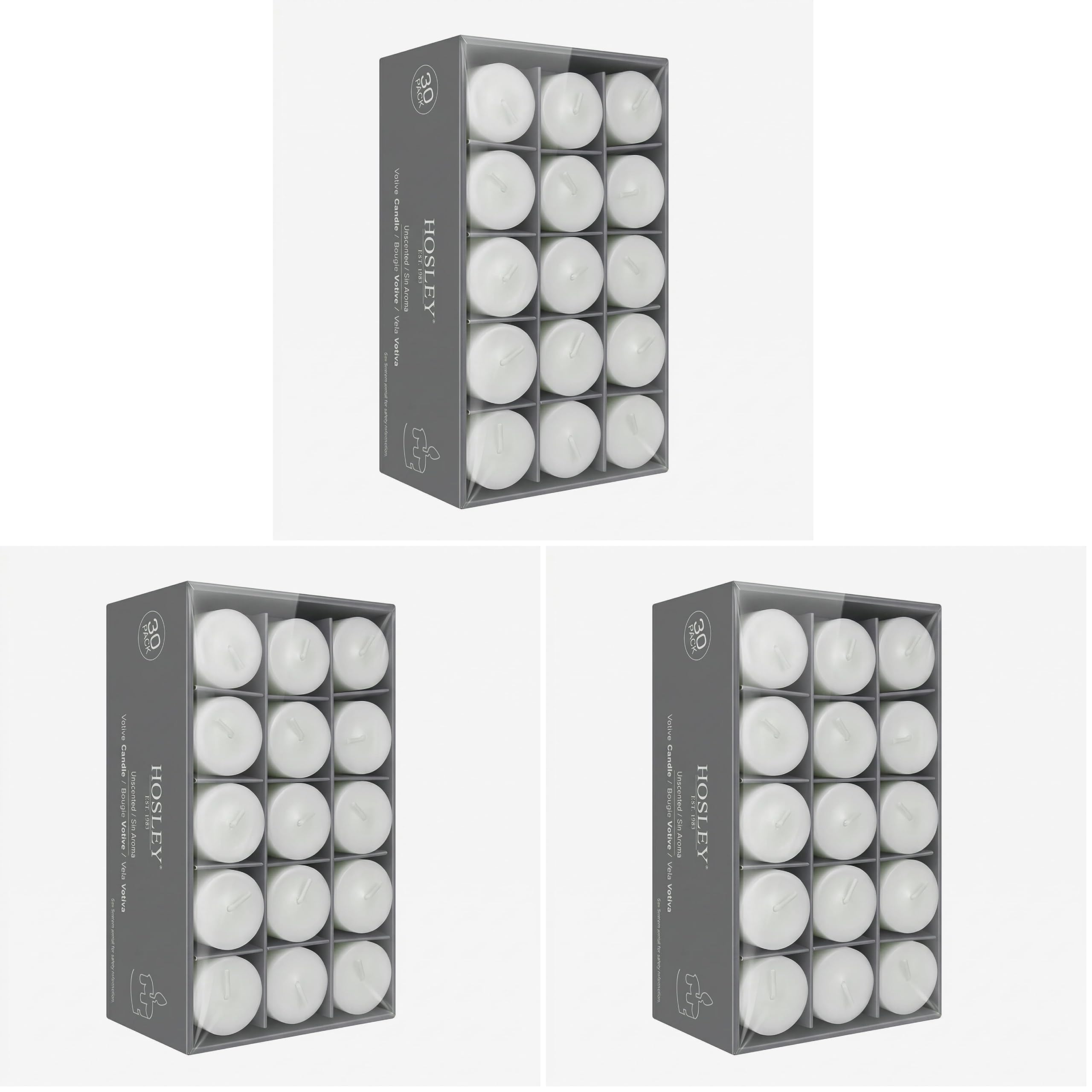 Hosley Set of 30 Unscented White Votive Candles – Bulk Pack, Clean-Burning, Long-Lasting 10-12 Hour Burn Time – Ideal for Weddings, Home Décor, Spa, and Events (Pack of 3)