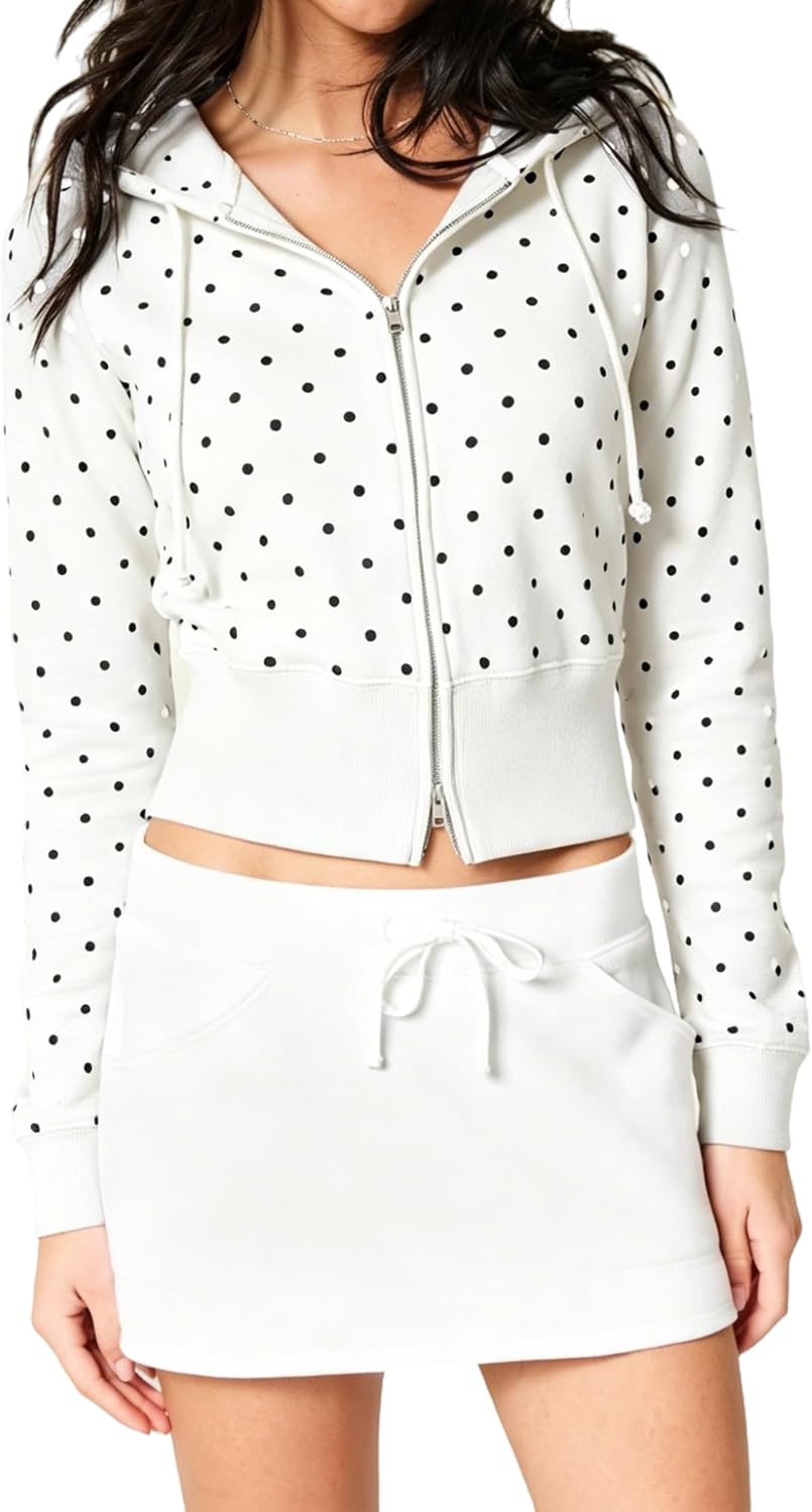 Womens Cute Polka Dot Hoodie Y2k Zip Up Hoodies Jackets Fleece Cropped Sweatshirt Hooded Fall Tops
