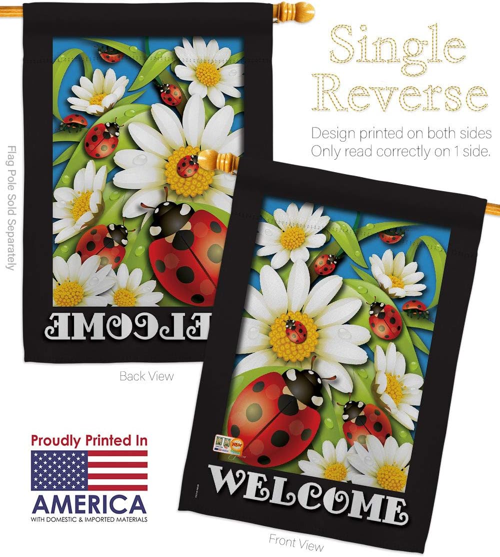 Ladybug Heaven House Flag Dowel Set Garden Friends Butterfly Ladybugs Dragonfly Bee Springtime Insect Natural Wildlife Small Decorative Gift Yard Banner Made In USA 28 X 40