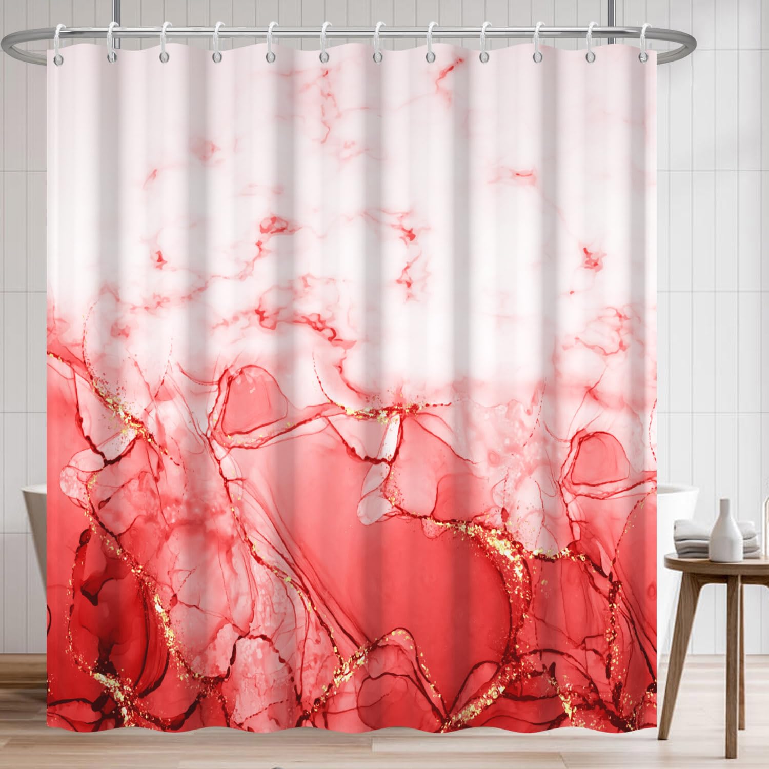 Rideau de douche marbre rouge 183x183 cm en tissu imperméable avec crochets pour salle de bain