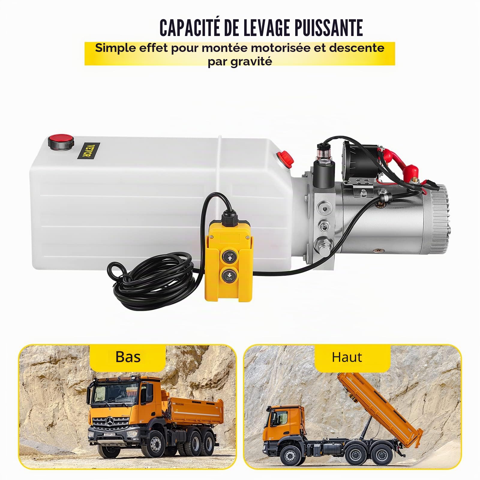 VEVOR Pompe Hydraulique 12 V 8 L, Pompe Hydraulique Remorque Simple Effet Réservoir Plastique, Démarrage Rapide Débit d'Huile Rapide Aucune Fuite, Remorque Élévateur à Ciseaux