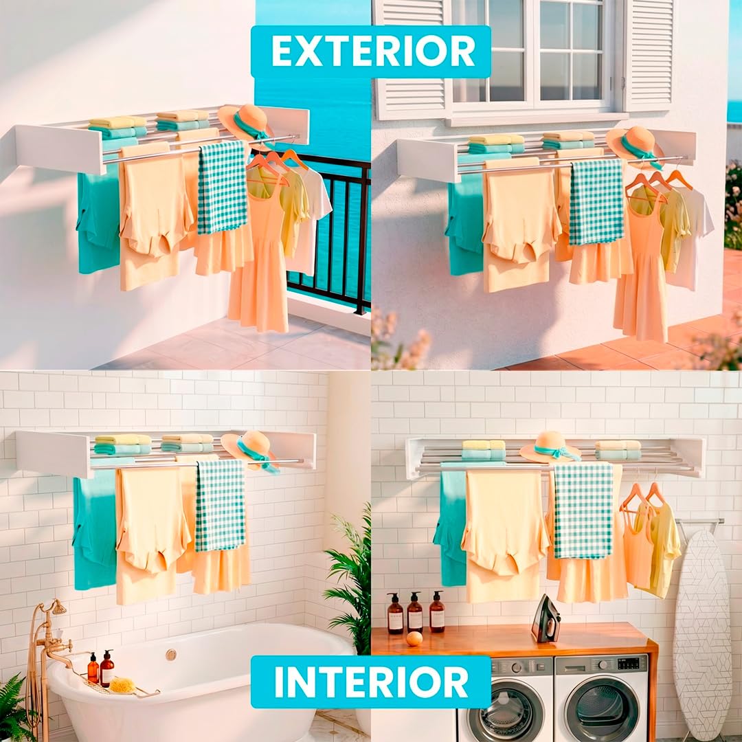 Marctani Tendedero Extensible Pared Ahorra Espacio - Tendederos Plegables ANTIOXIDANTES Interior o Exterior - Tendal Plegable Resistente 24 Pinzas - Tenderete de Ropa (Blanco, 120 CM)