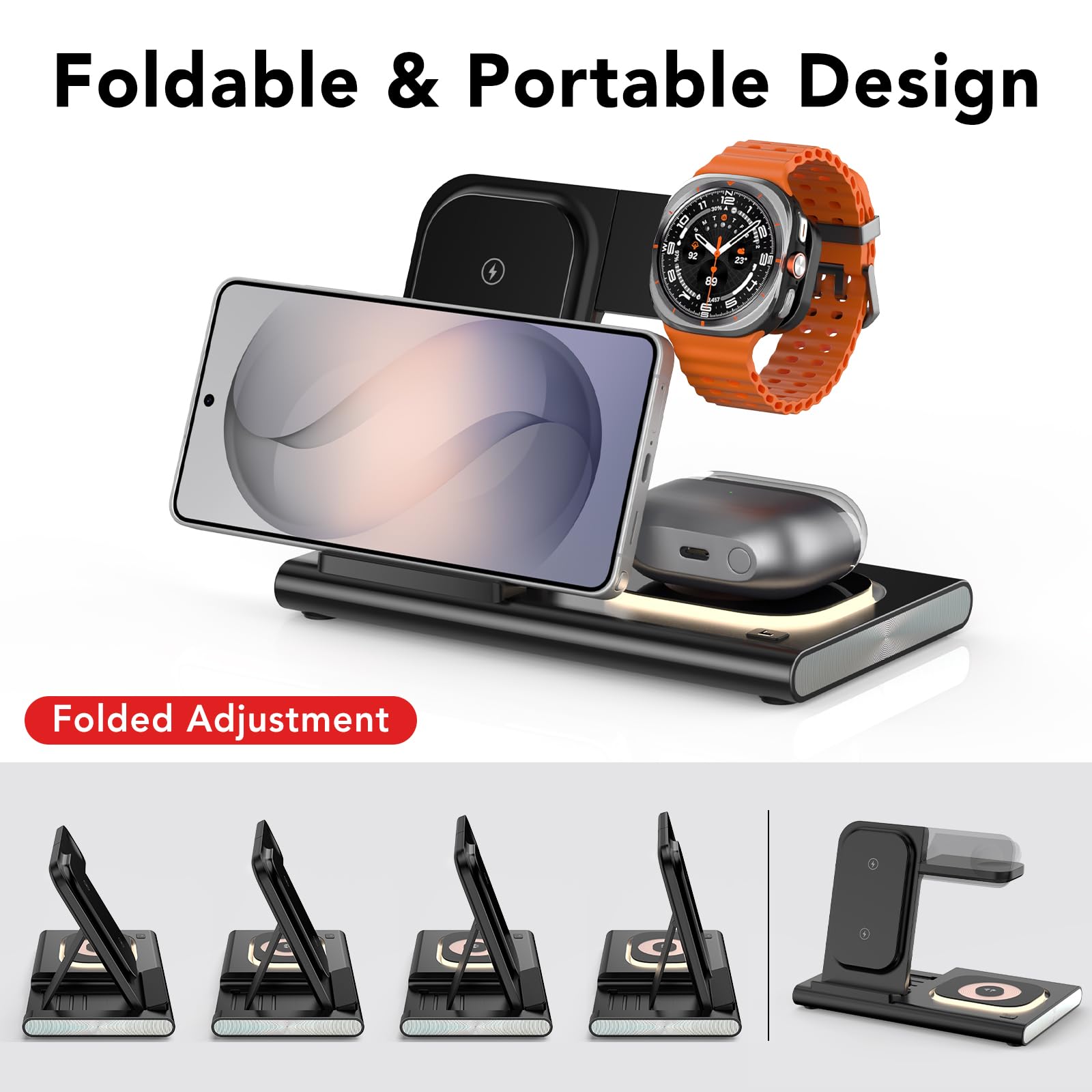 3 in 1 Ladestation für Samsung[Faltbar & Nachtlicht], Induktive Ladestation für Samsung S26/S25/S24/S23/ZFlip/Fold, Wireless Charger für Samsung Galaxy Watch Ultra/8/7/6/5/4/Galaxy Buds