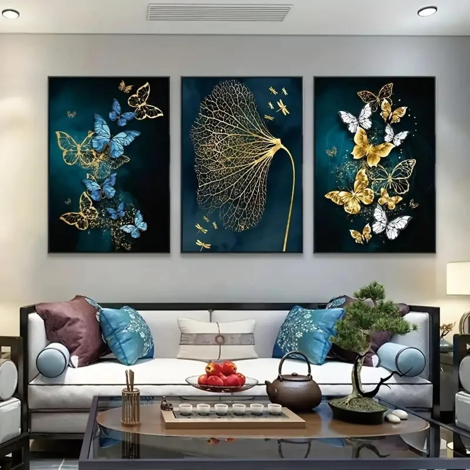 Cuadros de pared con hojas de mariposa azul dorado, pinturas artísticas, carteles de pared para decoración de sala de estar y dormitorio, impresiones en lienzo, carteles de 30 x 50 cm x 3 con marco