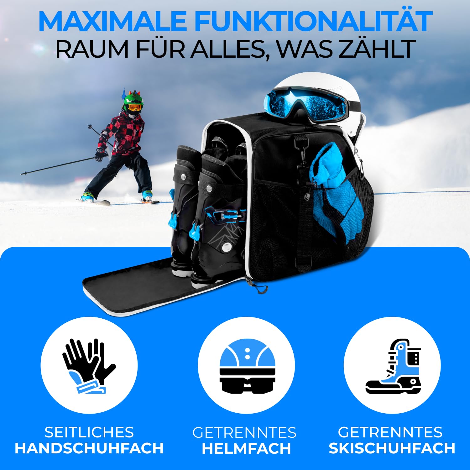 Skischuhtasche Kinder Skischuhtasche mit Helmfach [40 L] - Tasche für Skischuhe für Kinder mit extra Stauraum für Helm und Skizubehör - Modell ISCHGL