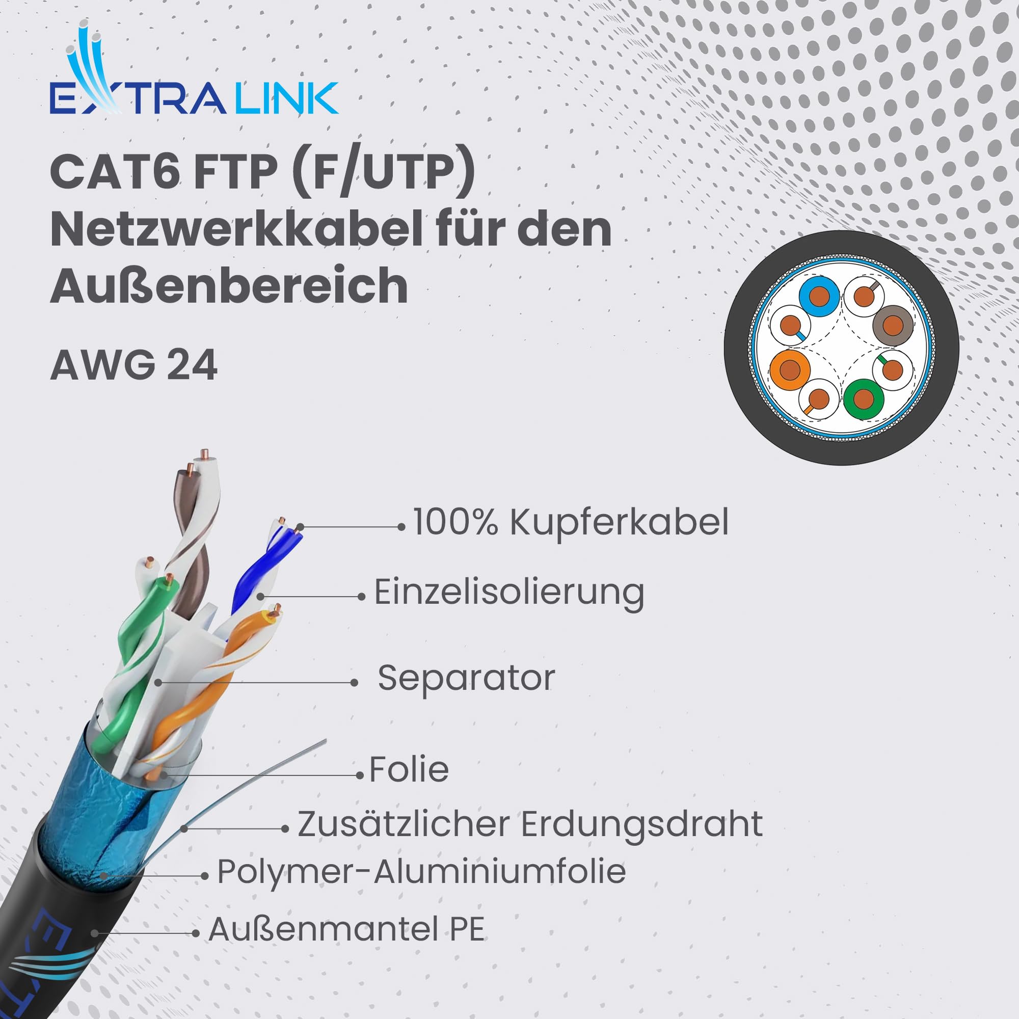 EXTRALINK 305M CAT6 Netzwerkkabel Outdoor LAN Kabel Verlegekabel Ethernet Installationskabel – 100% Kupfer F/UTP geschirmt, PoE geeignet, UV-beständig, PE Außenmantel langlebig & wetterfest