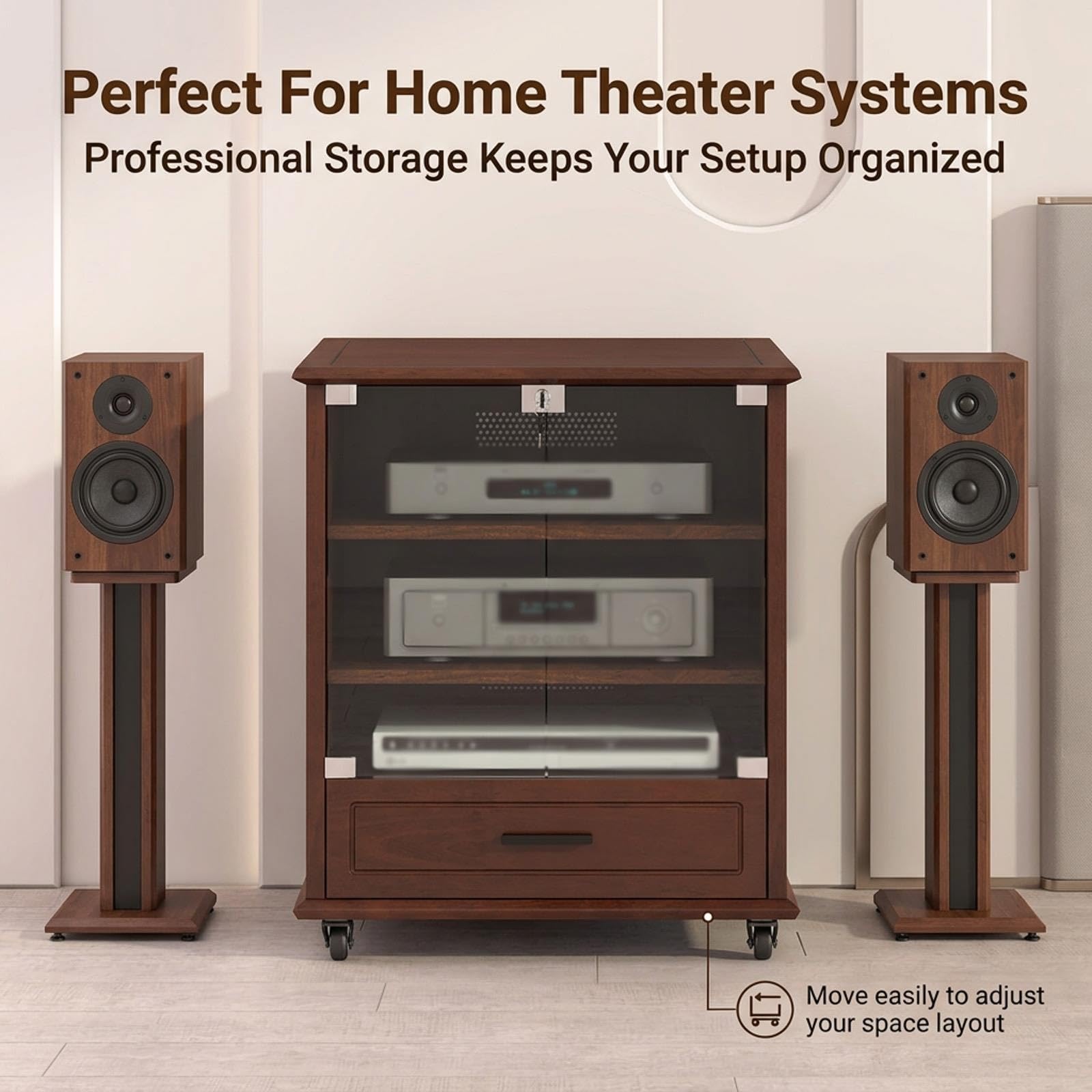 Mueble AV de madera maciza, rack audio estéreo con almacenamiento