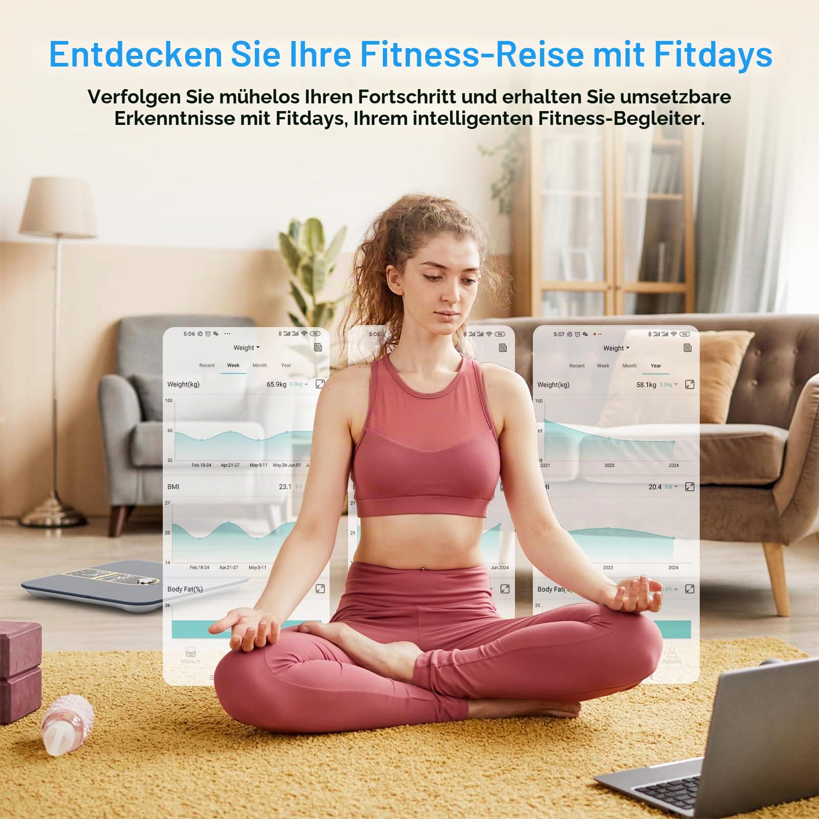 Healthkeep Personenwaage, angeschlossen, Bluetooth, mit 2 VA-Bildschirmen und ITO-Beschichtungstechnologie, 16 Körperdaten mit Herzfrequenz, App, für Android und iOS 180 kg/400 lb, goldfarben