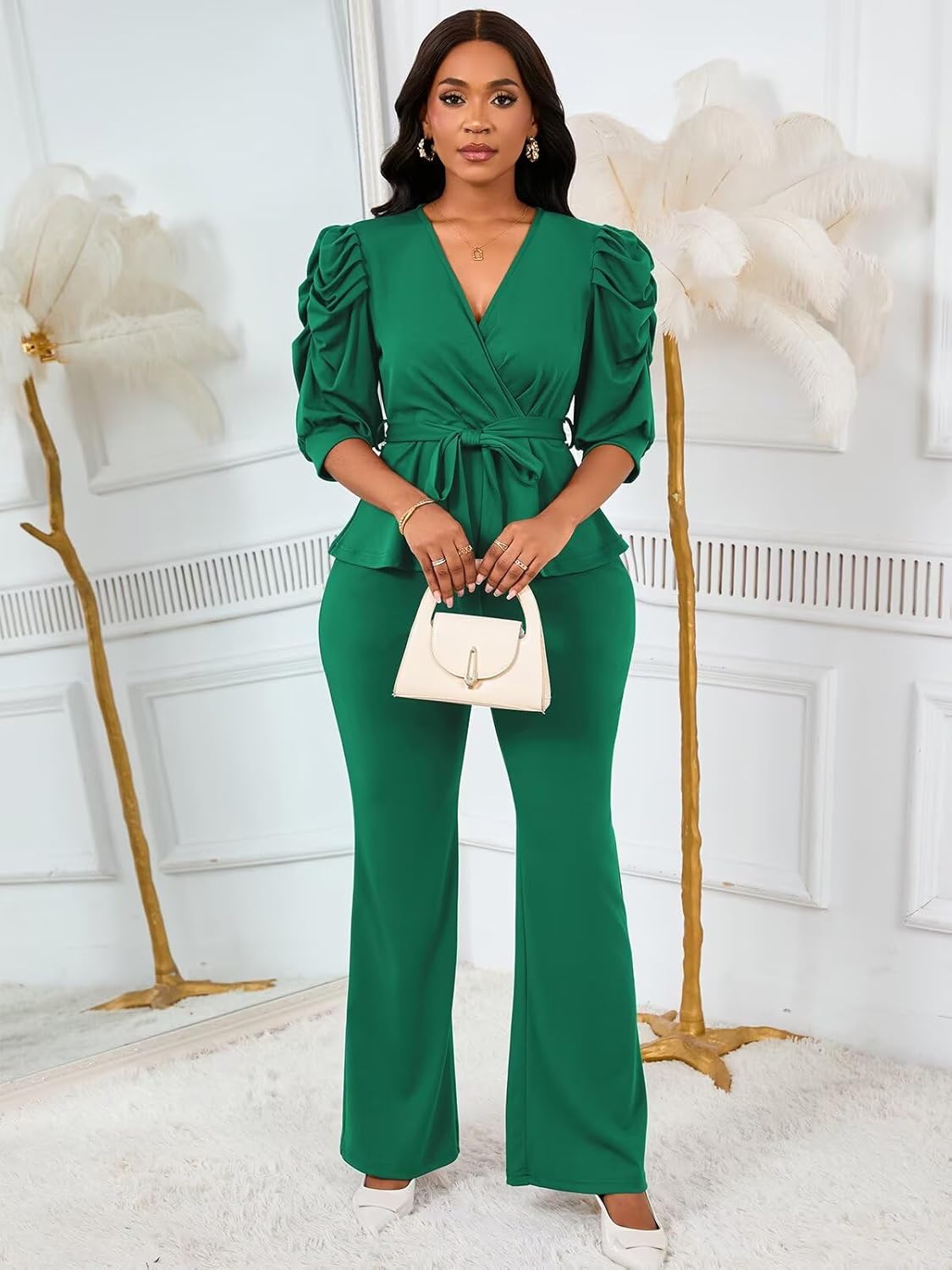 Ekaliy Dressy 2 Piece Pant Sets for Women Fall Outfits Ruffle Top Wide Leg Business Pantsuits - Image 2