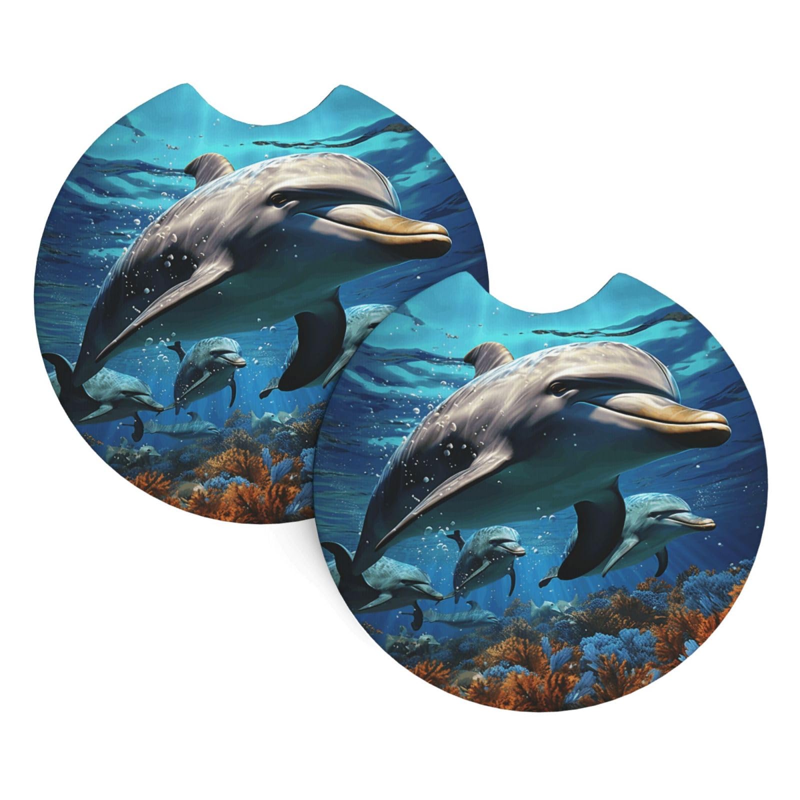 2PCS Car Coaster for Cup Holders Universal Auto Cup Mat Dolphins Cup Coaster Pad 2.7" Waterproof Neoprene Non-Slip Cup Holder Coasters Car Interior Accessories for Women Men