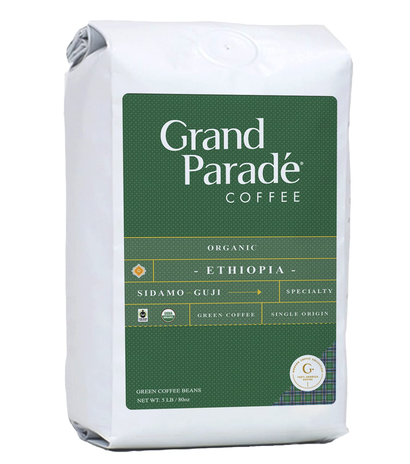 Grand Parade Coffee, 5 Lbs Organic Ethiopian Sidamo Guji Unroasted Green Coffee Beans, Grade 1 Specialty Arabica - Fair Trade Single OriginUSDA Organic