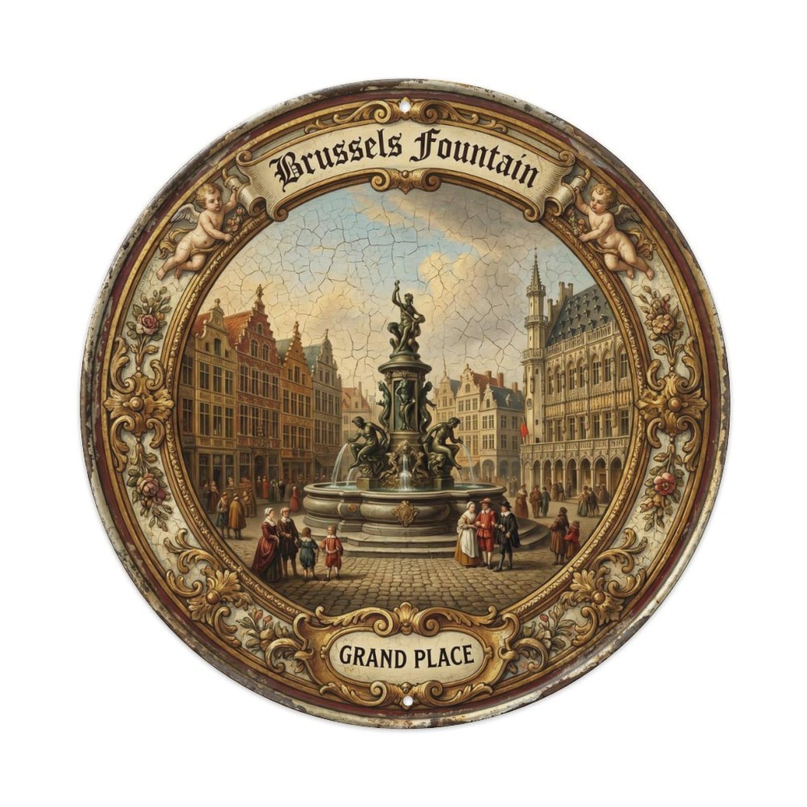 Vintage Travel Brussels Fountain Grand Place Metal Tin Sign Plaque Wall Decor for Cafe, Club, Garden Round Metal Poster 8x8Inch