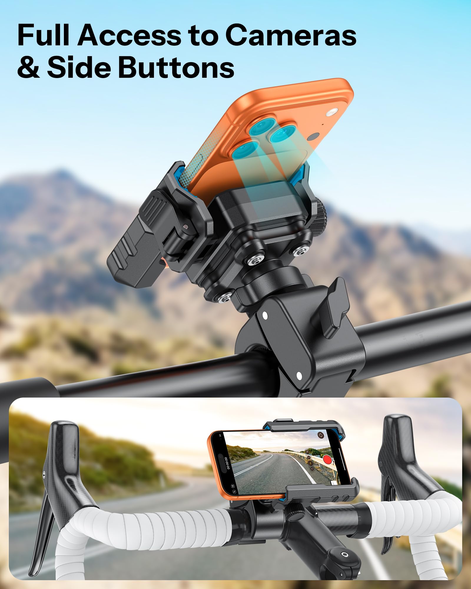 OMOTON BK01 Support de téléphone anti-vibration pour rétroviseur et guidon, support de téléphone de moto résistant aux chocs avec verrouillage rapide, compatible avec iPhone et tous les téléphones