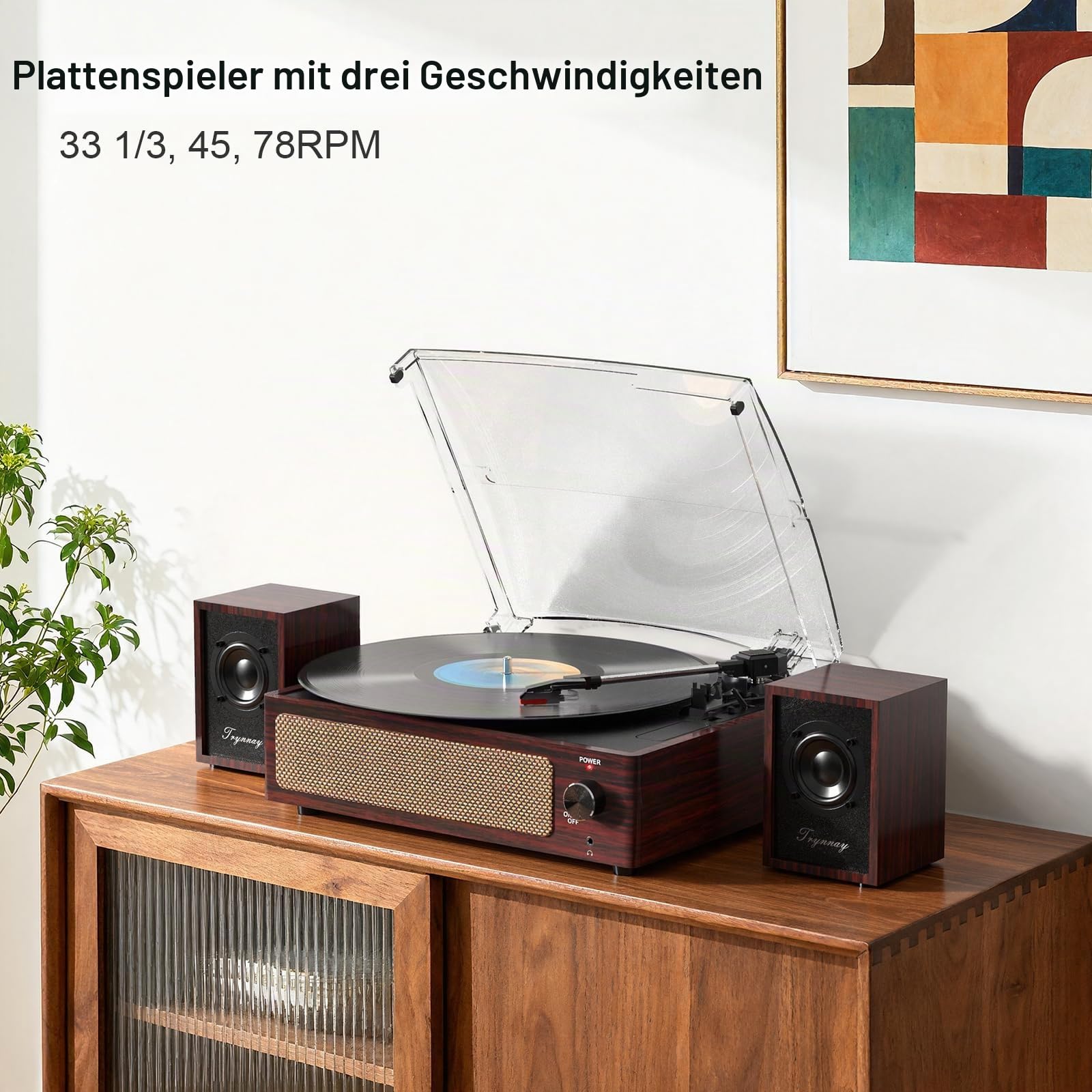 Trynnay Plattenspieler mit passiven Regallautsprechern, Bluetooth-Plattenspieler für Schallplatten, 3 Geschwindigkeiten, kabelloser AUX-Eingang, Kopfhöreranschluss und Auto-Stop-Funktion, dunkelrotes