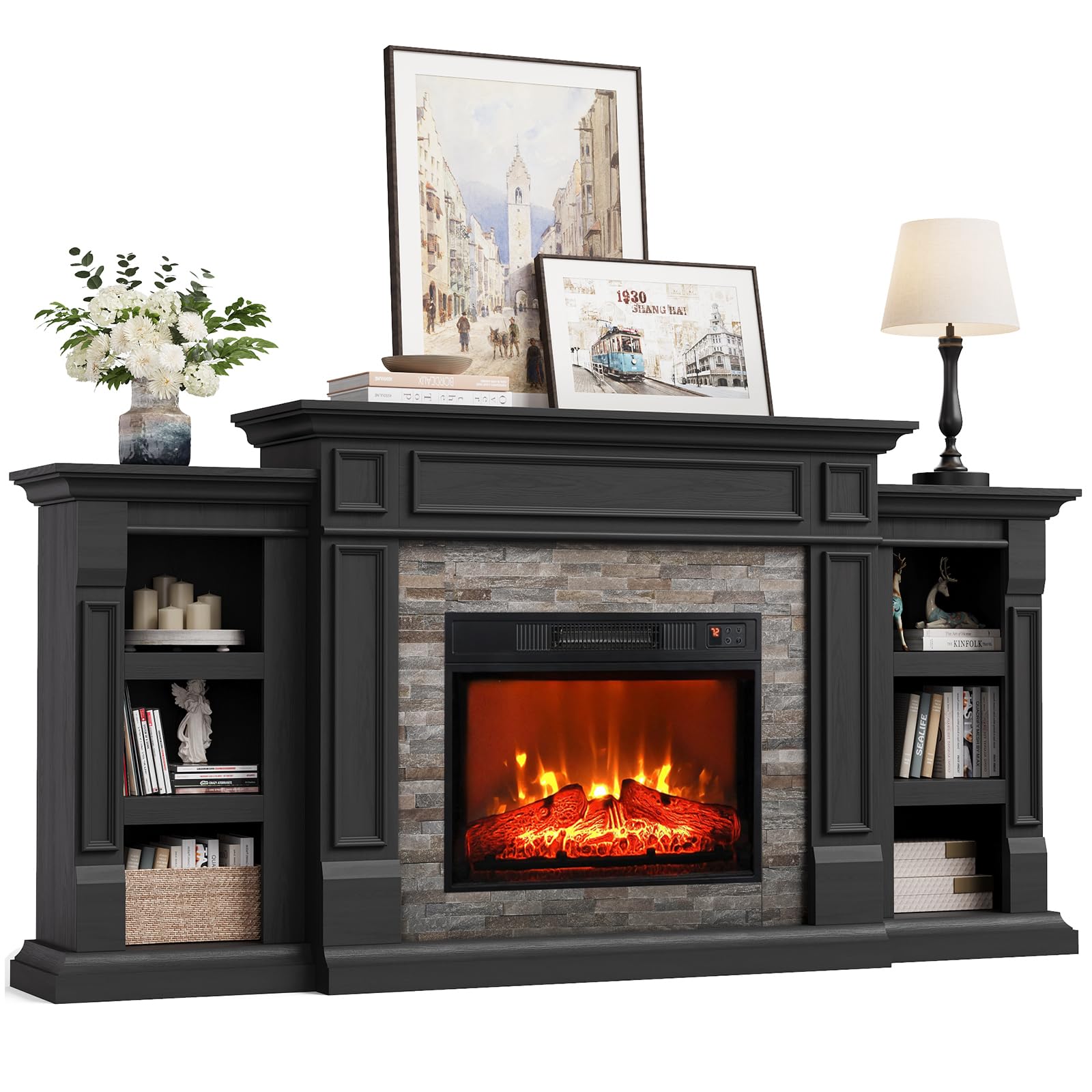 Naice72" Electric Fireplace with Mantel and Cabinets, Fireplace TV Stand for Living Room Bedroom, Stacked Stone Surround and Remote Control 3D Realistic Flame, Black